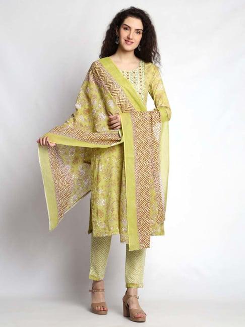 highlight fashion export green cotton embroidered kurta pants set with dupatta