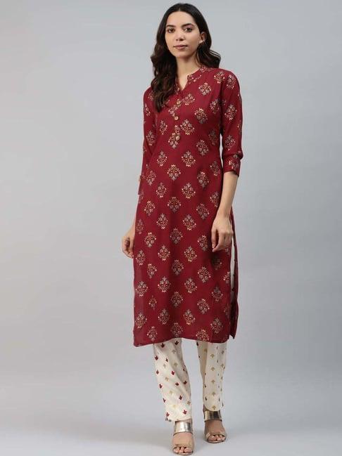 highlight fashion export maroon & white floral print kurta pants set