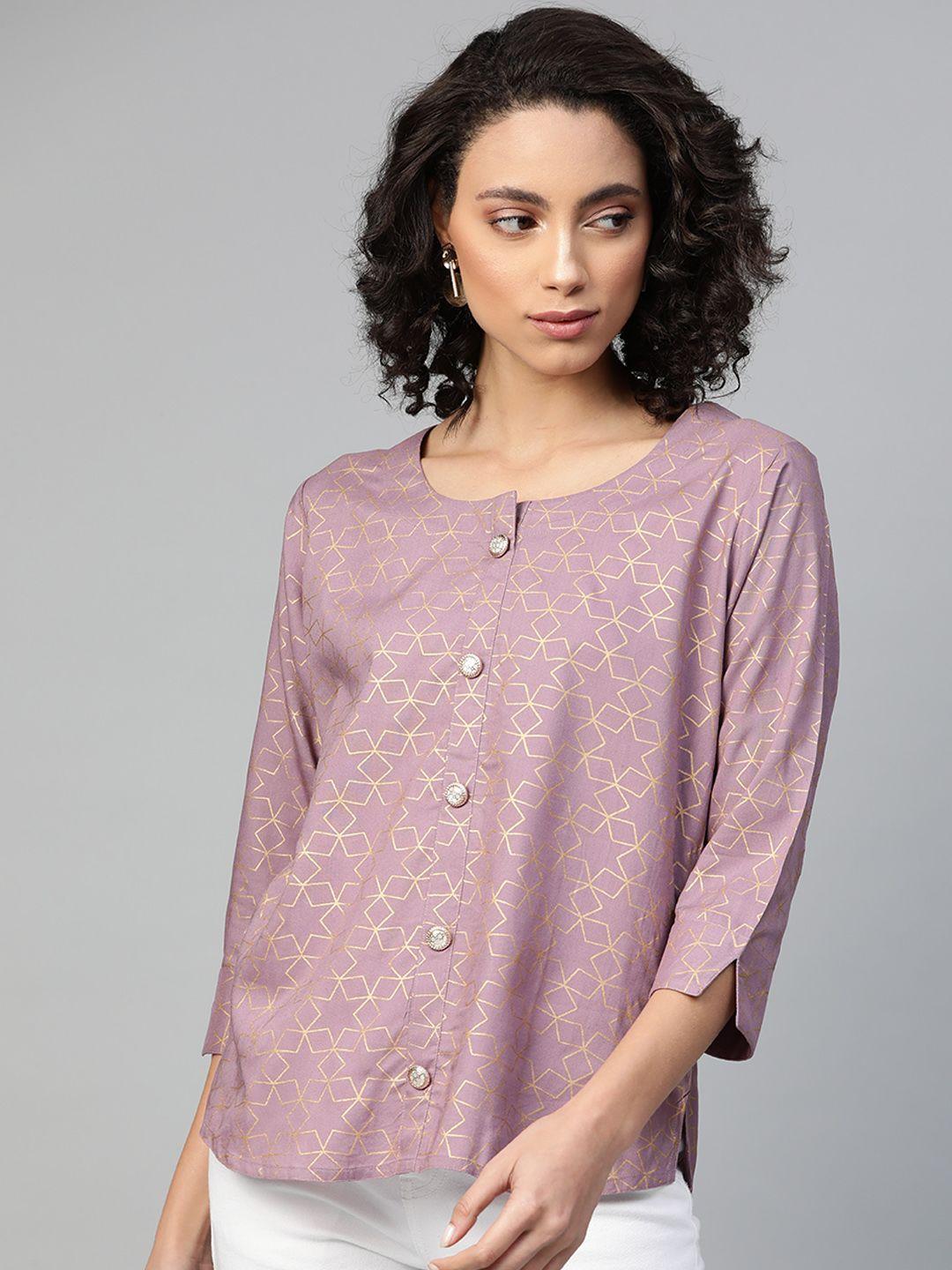 highlight fashion export mauve & golden foil geometric printed top