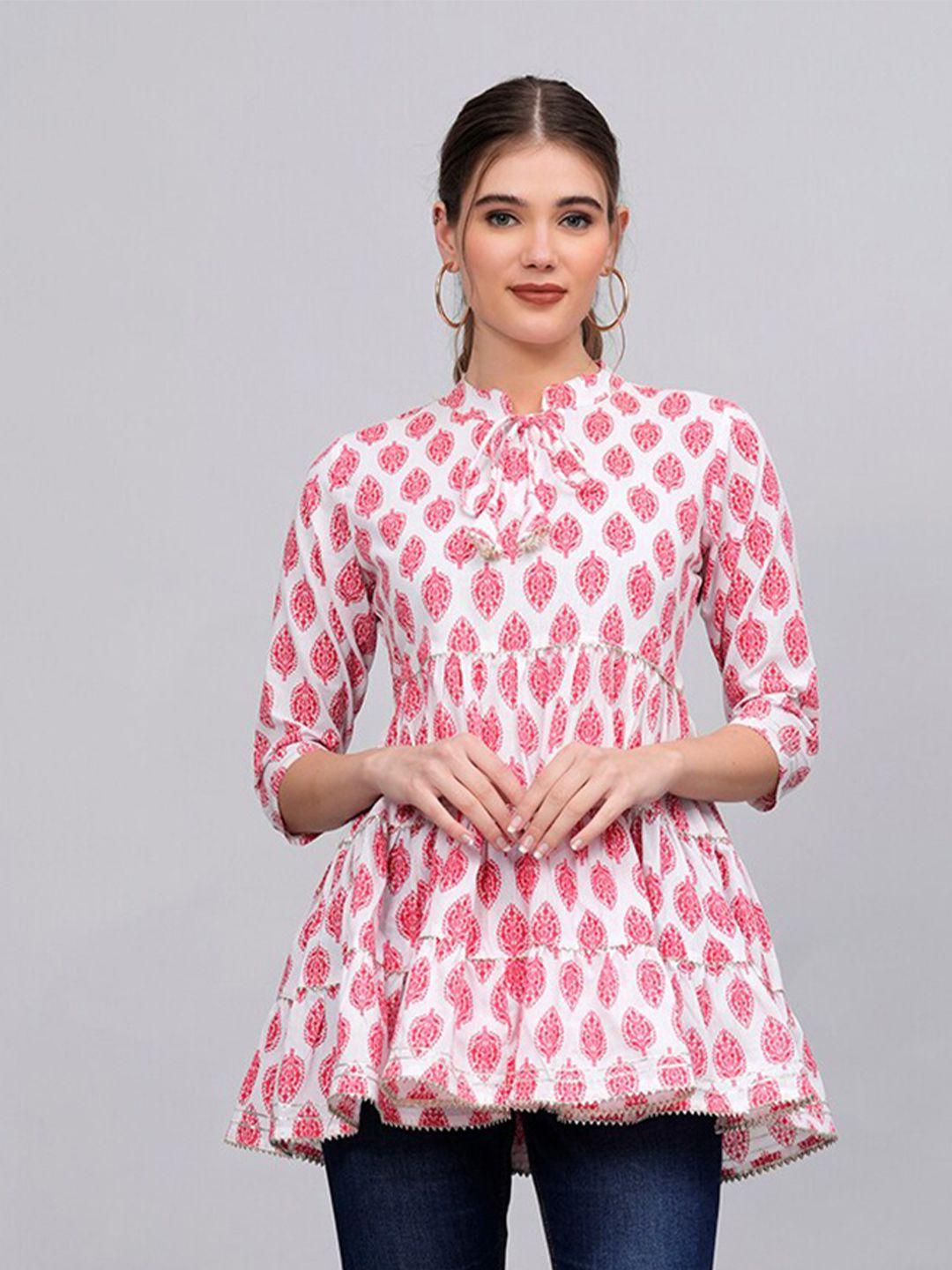 highlight fashion export pink & pink floral print mandarin collar ethnic cotton crop top