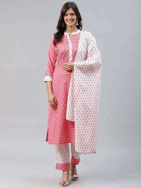 highlight fashion export pink & white cotton embellished kurta pants set with dupatta