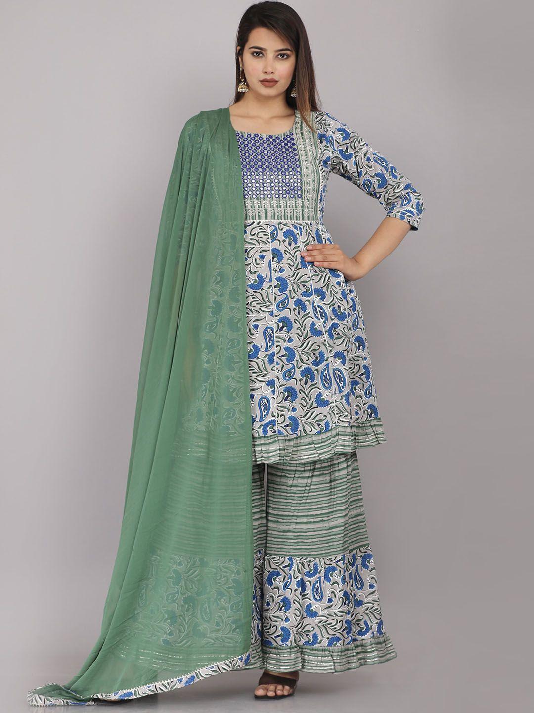 highlight fashion export printed mirror work pure cotton kurti with sharara & dupatta