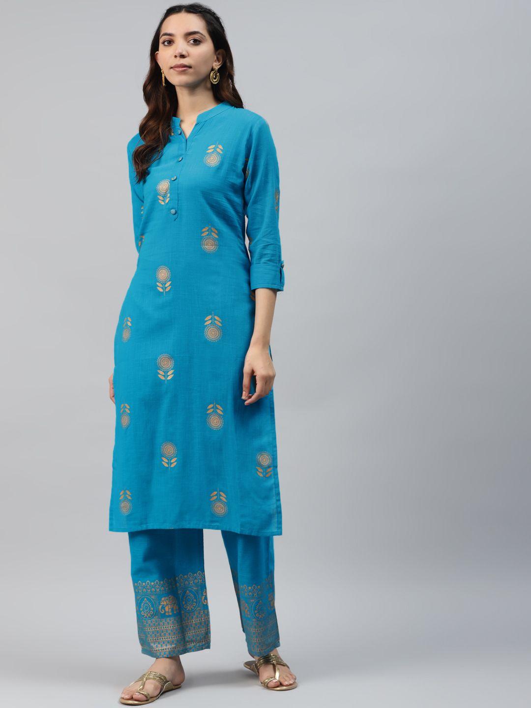 highlight fashion export women blue & golden printed kurta with trousers