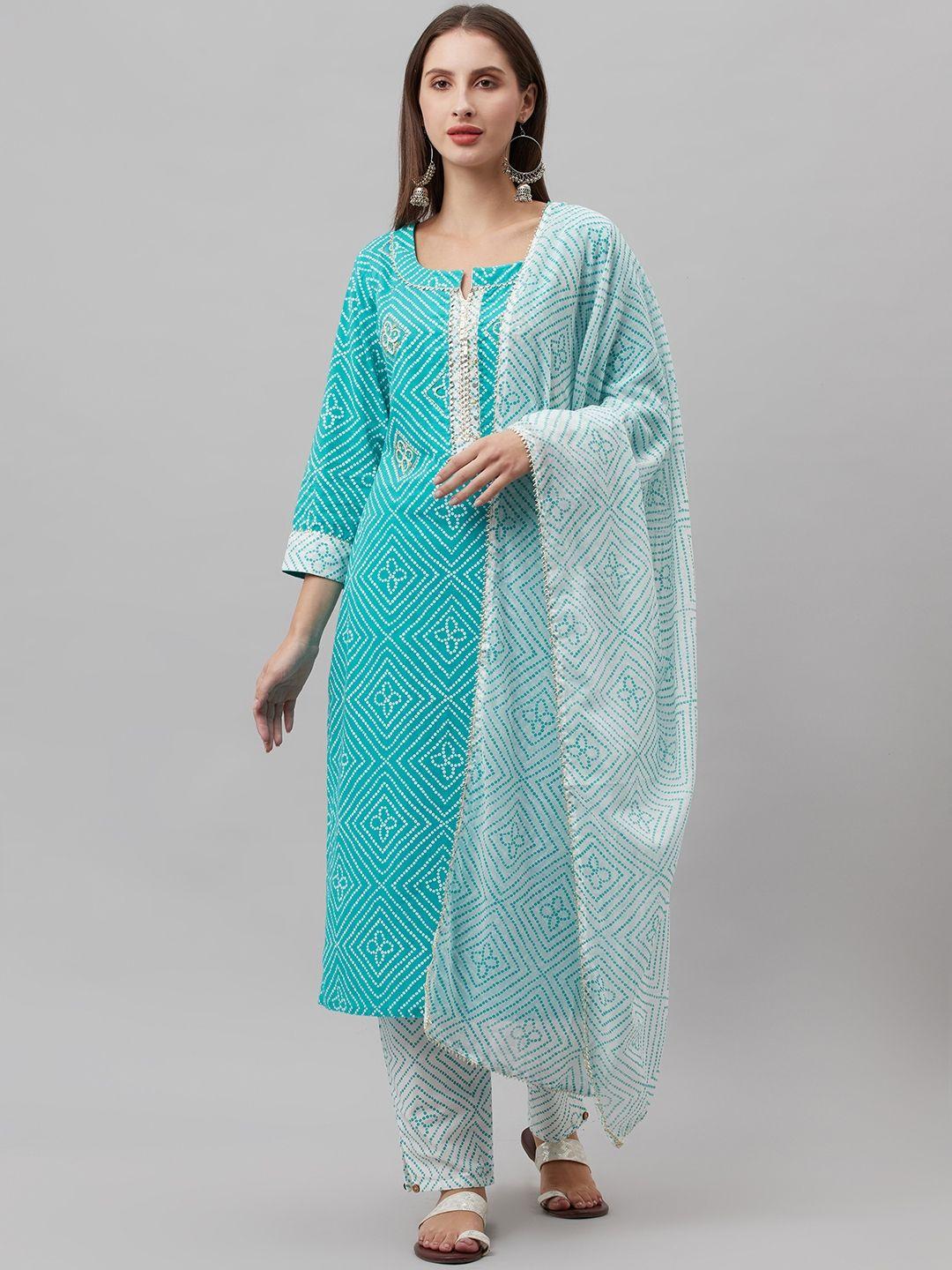 highlight fashion export women blue & white bandhani printed kurta with trousers & dupatta