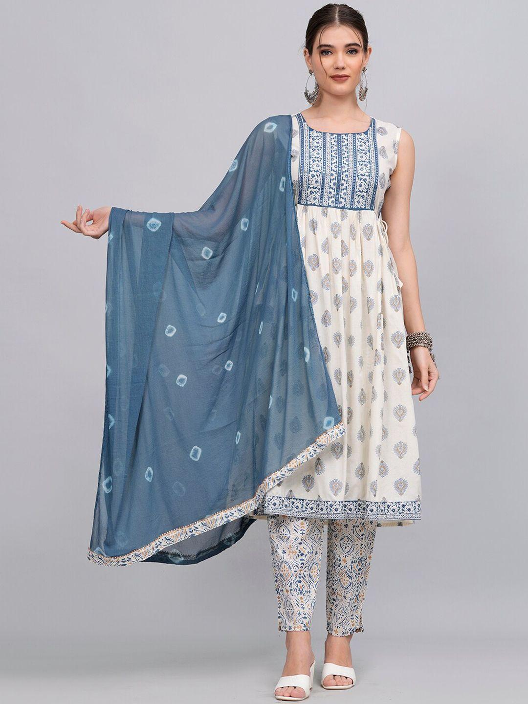 highlight fashion export women blue ethnic motifs printed regular pure cotton kurta with trousers & with