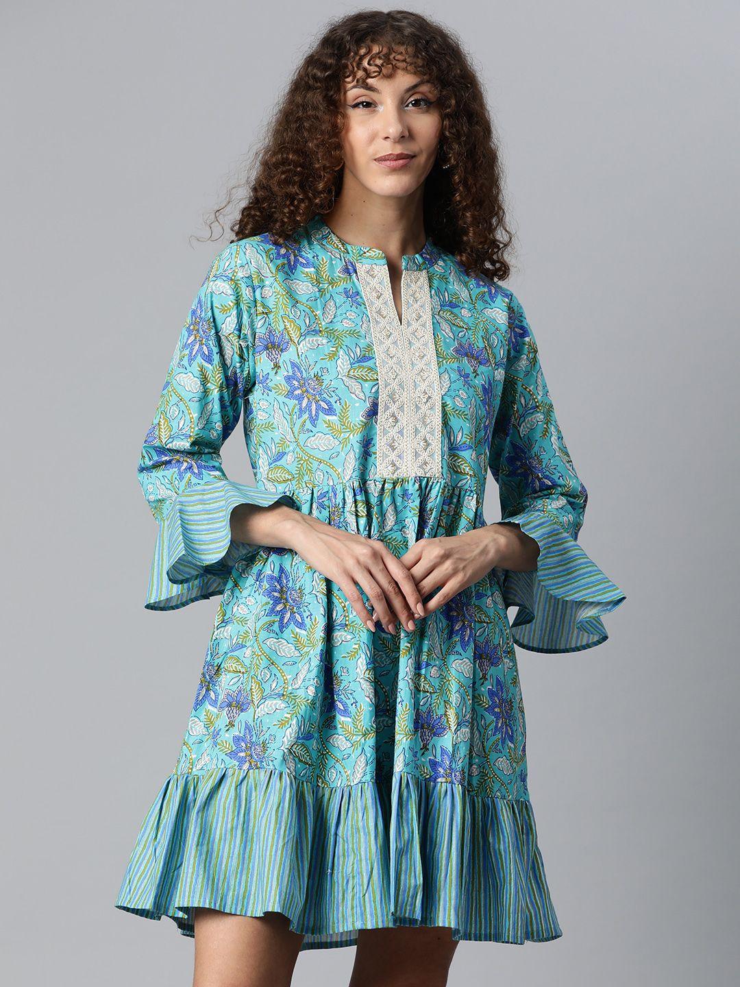 highlight fashion export women blue floral print fit & flare dress