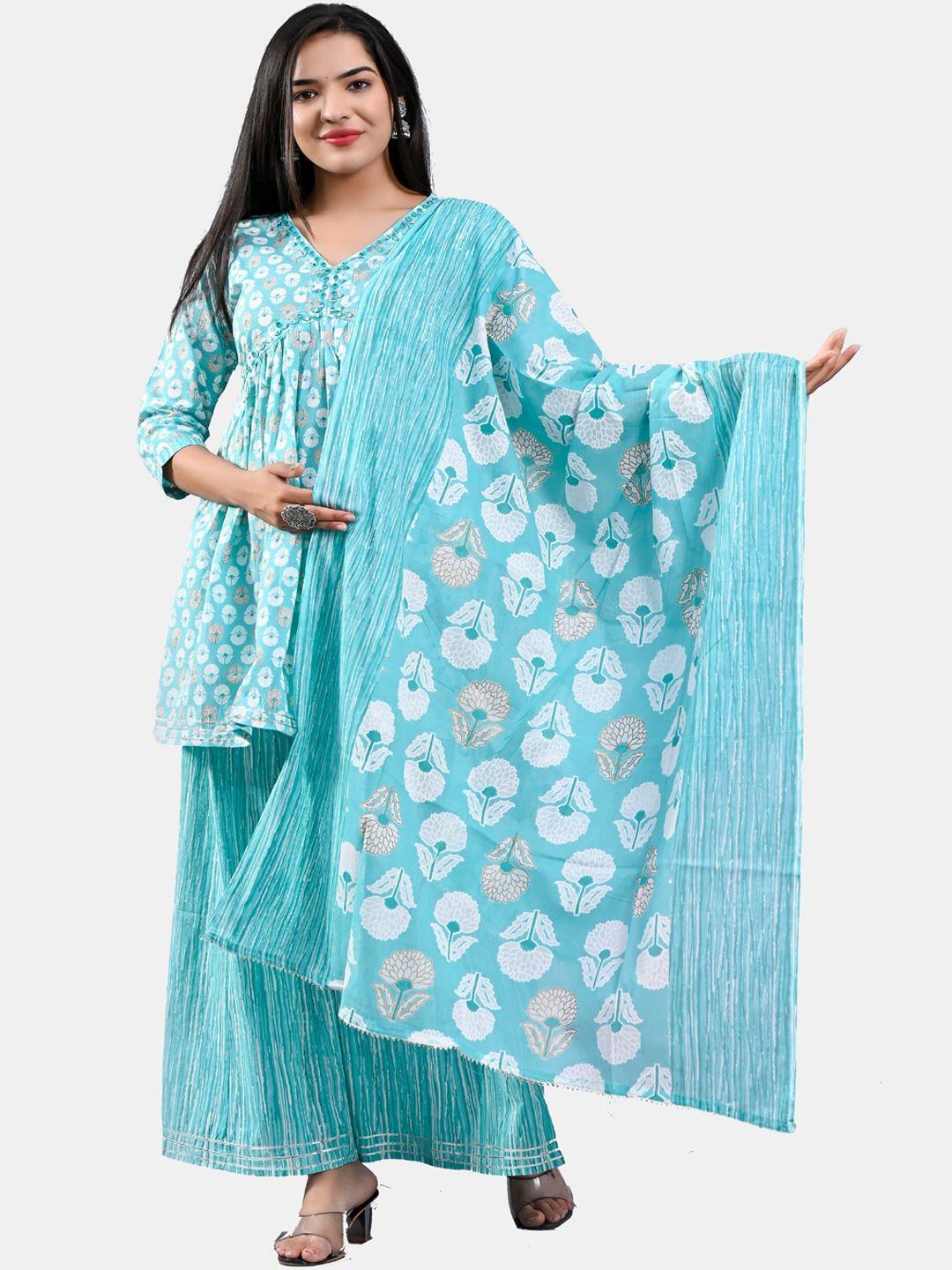 highlight fashion export women blue floral printed empire mirror work pure cotton kurti with sharara & with