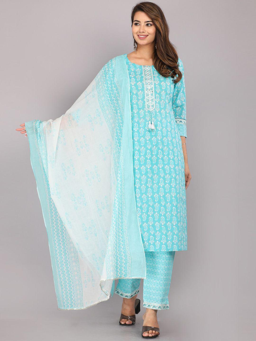 highlight fashion export women blue paisley printed regular pure cotton kurta with trousers & with dupatta