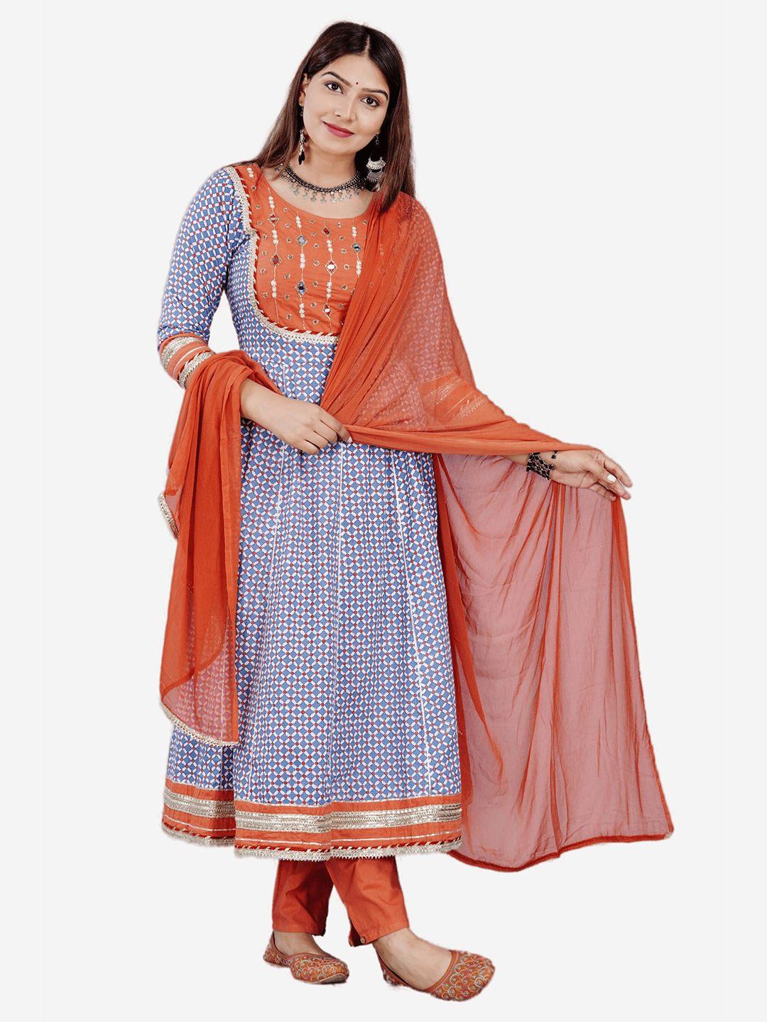highlight fashion export women blue printed gotta patti kurta with trousers & with dupatta