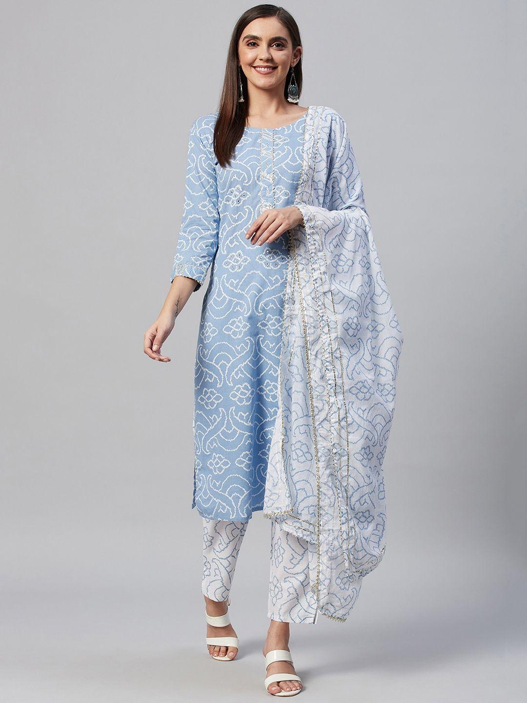 highlight fashion export women blue printed pure cotton kurta with trousers & dupatta