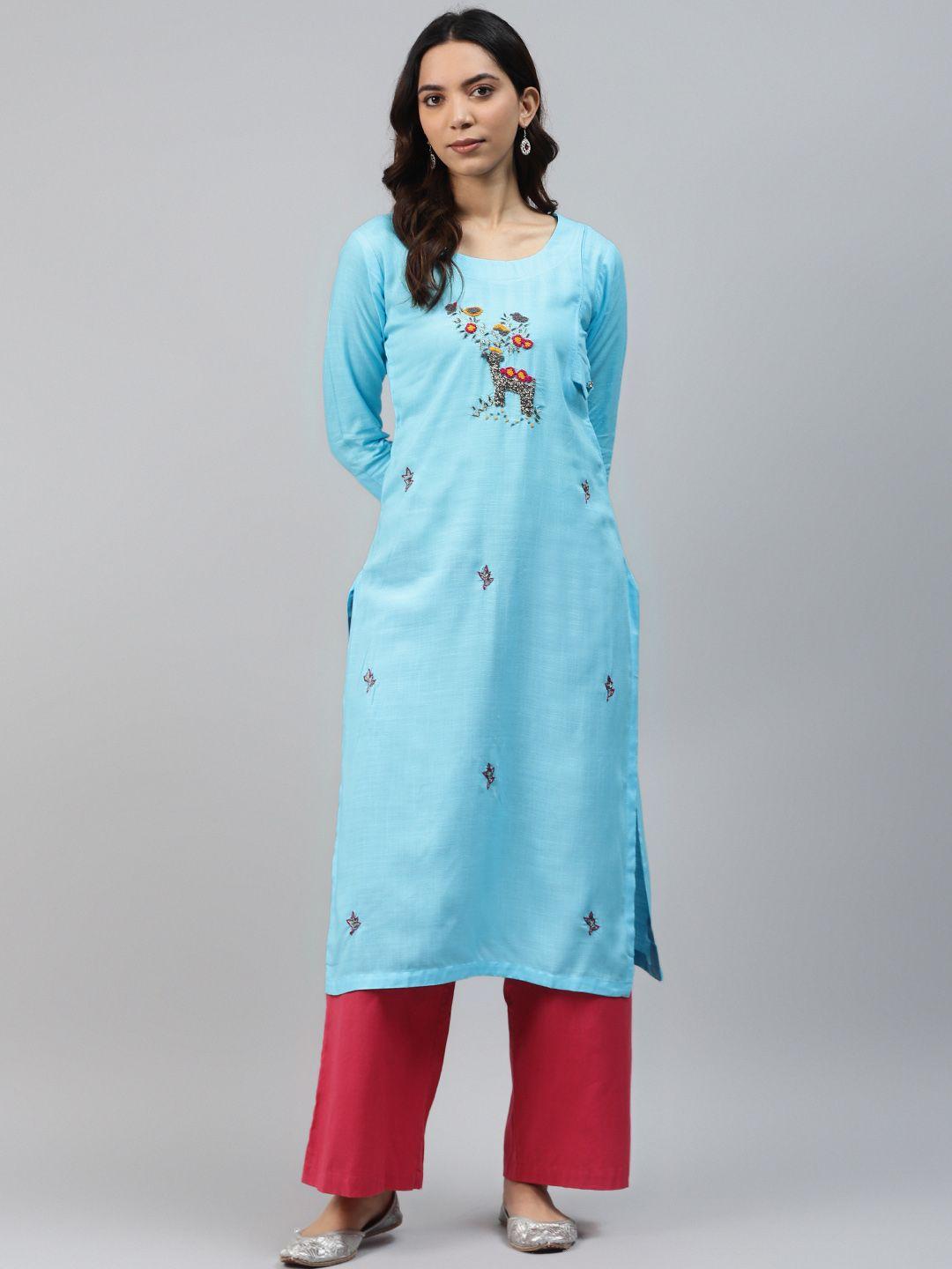 highlight fashion export women blue zardozi handwork straight kurta