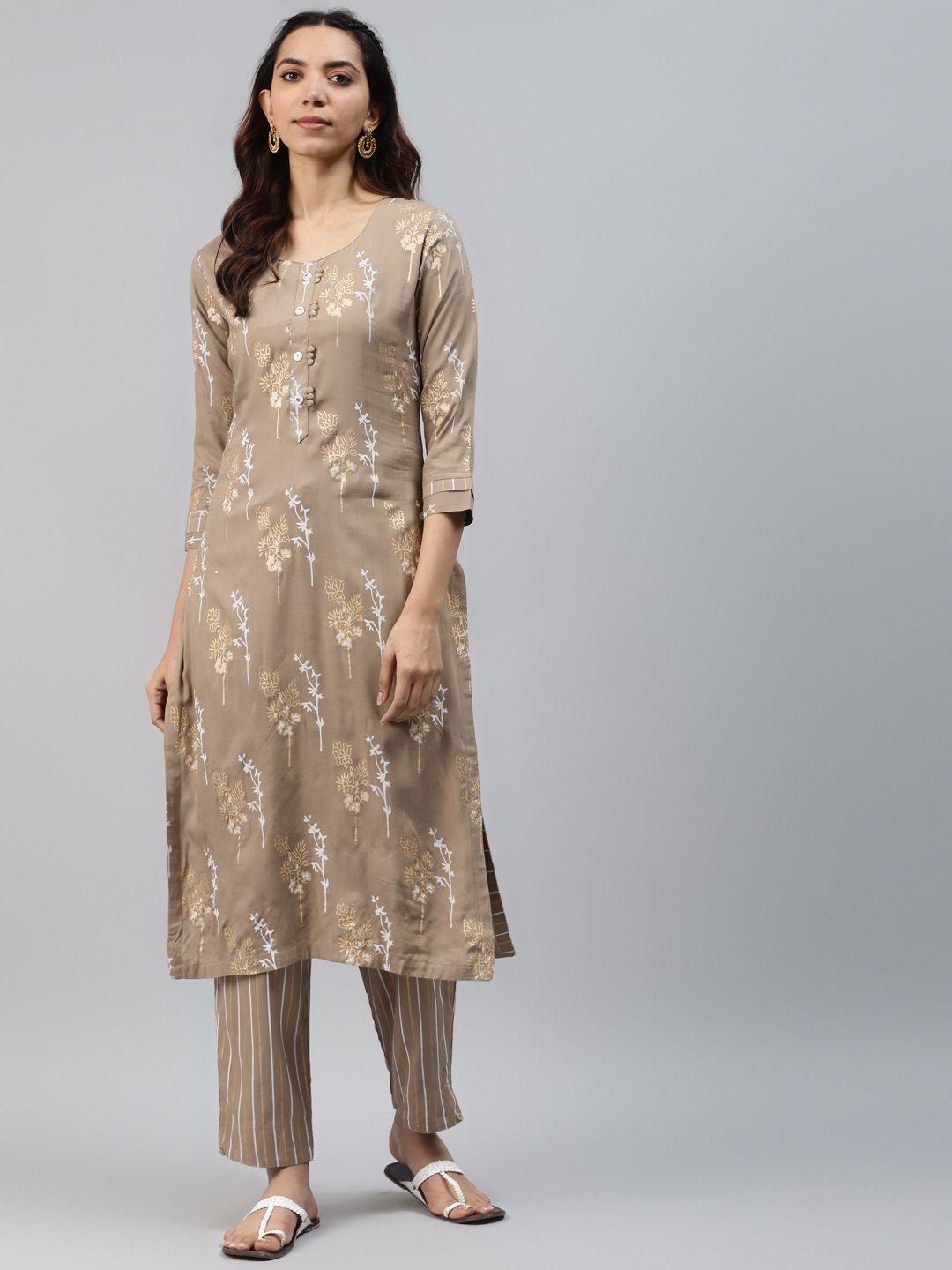 highlight fashion export women brown & white printed kurta with trousers