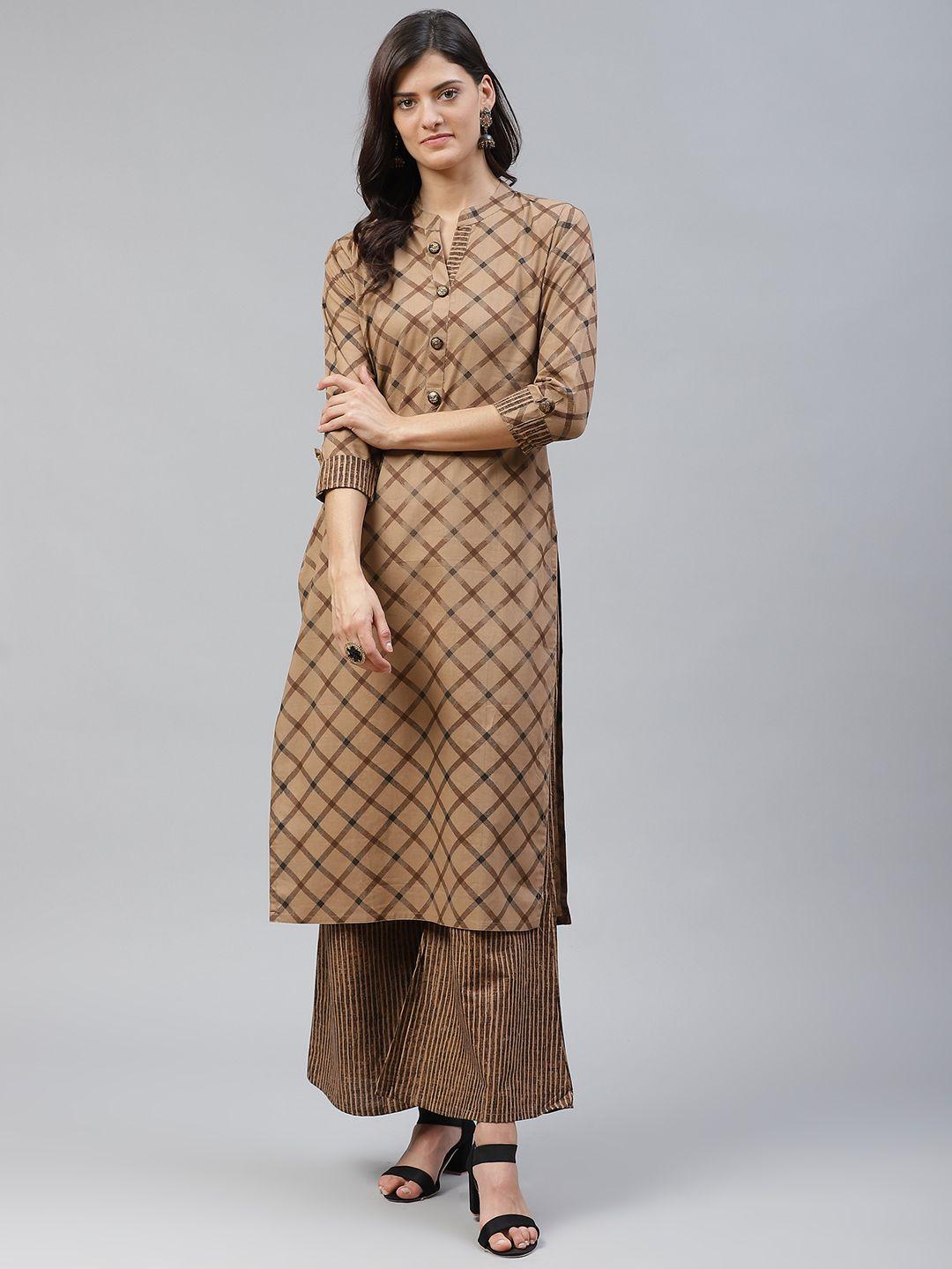 highlight fashion export women brown checked kurta with palazzos