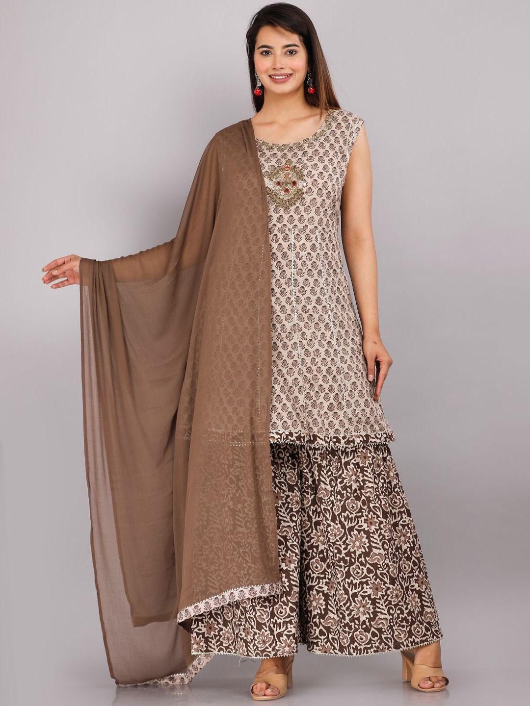 highlight fashion export women brown floral printed beads and stones kurta with sharara & with dupatta