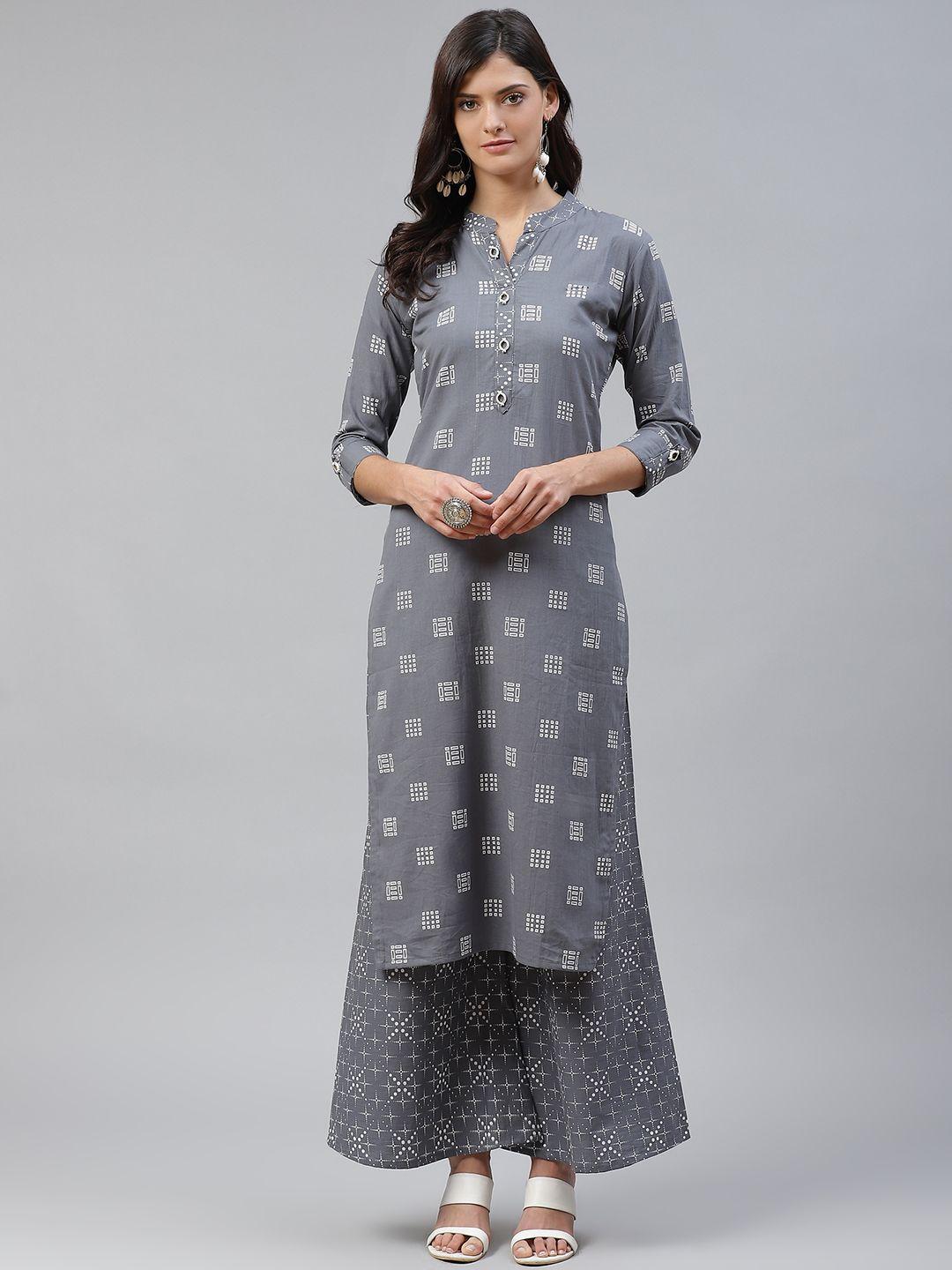 highlight fashion export women charcoal grey & white foil print kurta with palazzos
