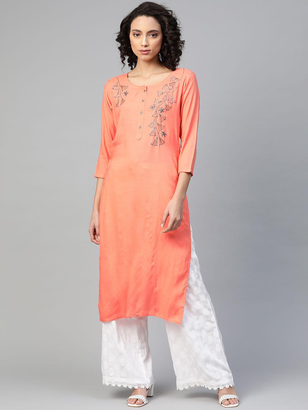 highlight fashion export women coral orange zardozi hand work straight kurta