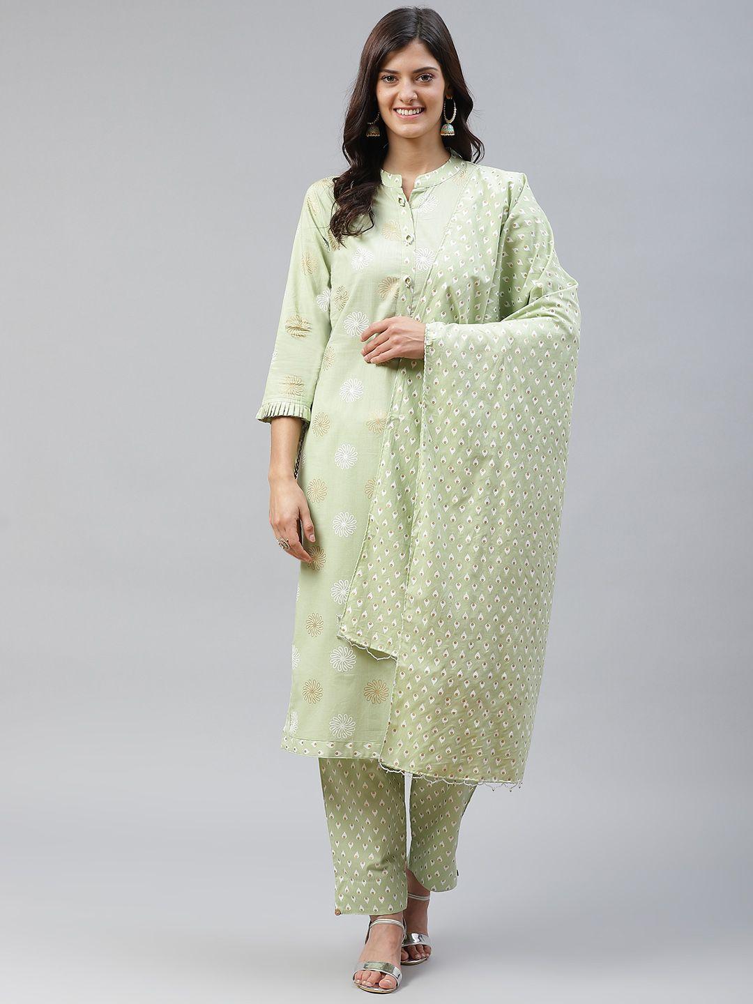 highlight fashion export women green & golden printed foil kurta with trousers & dupatta