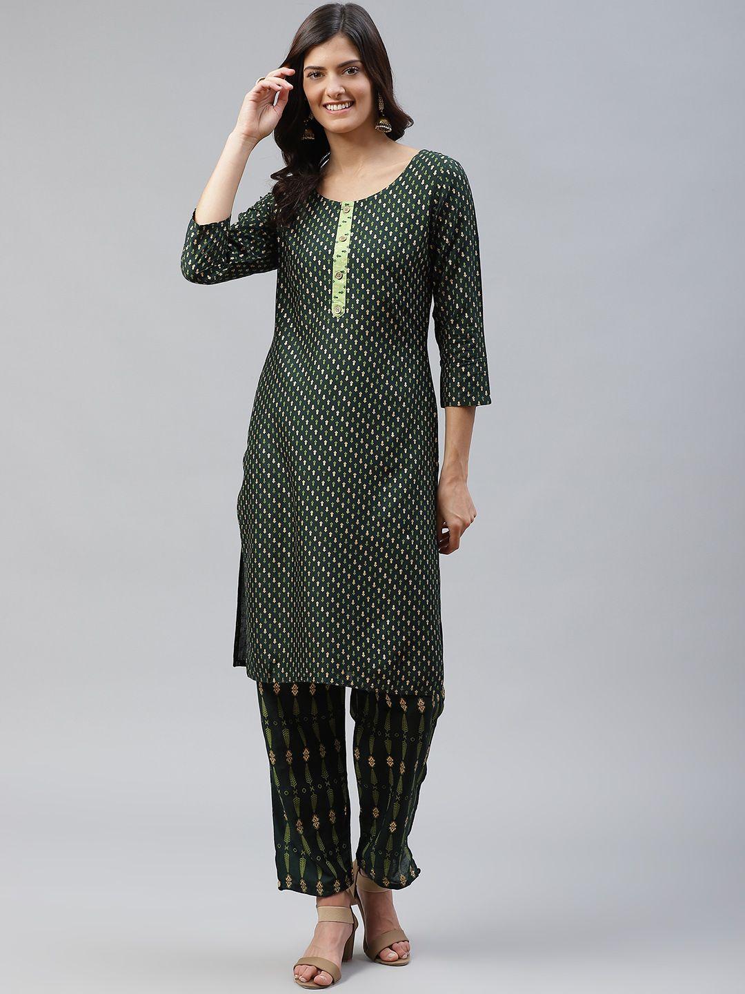 highlight fashion export women green & golden printed kurta with trousers