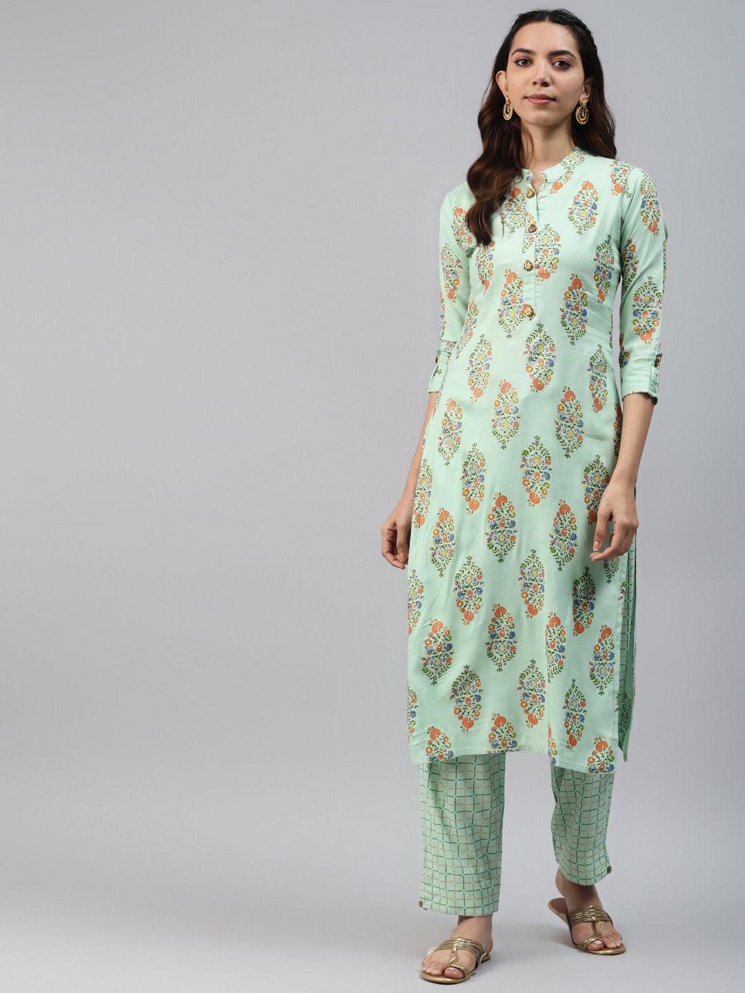 highlight fashion export women green & orange printed kurta with trousers