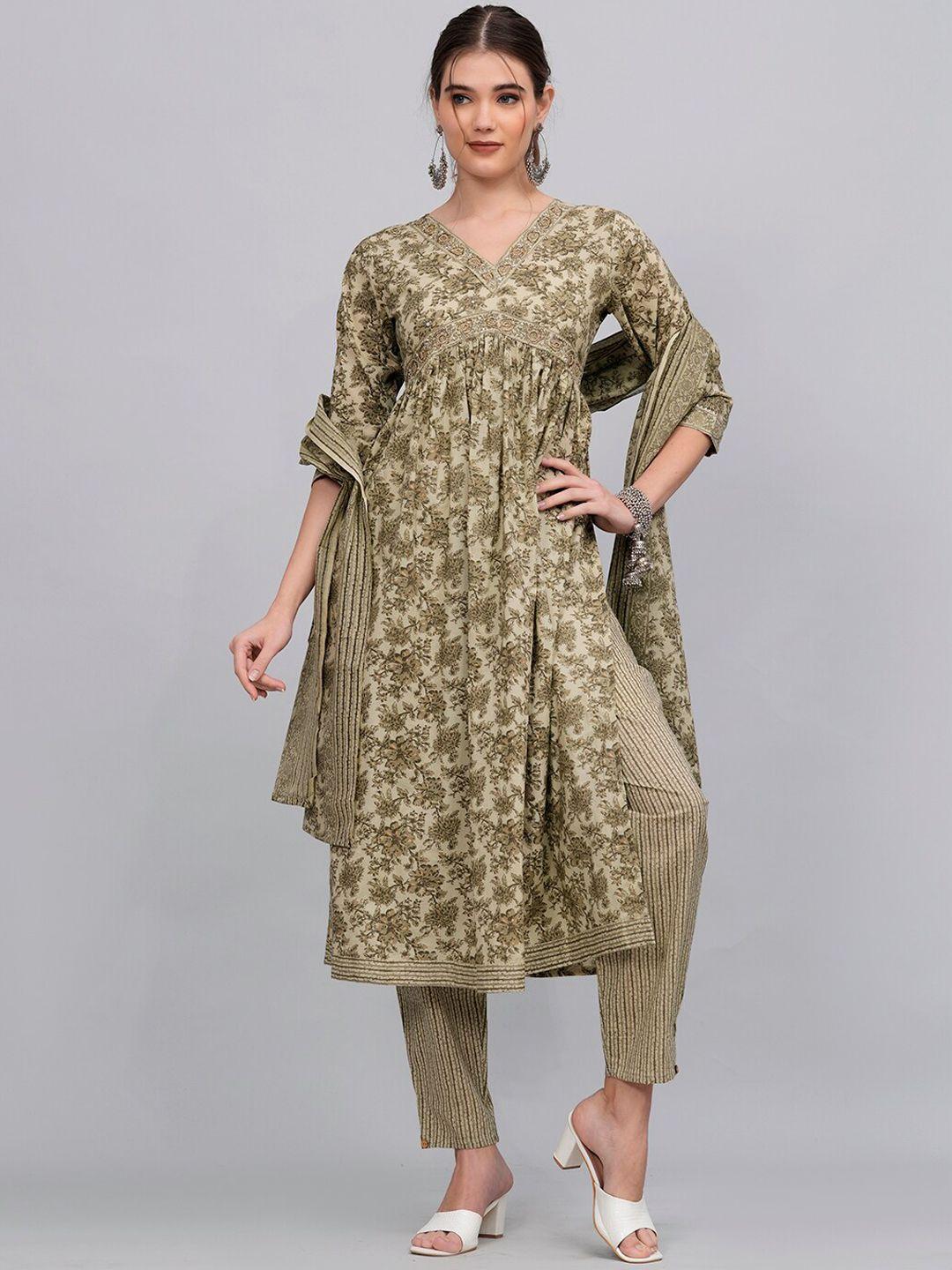 highlight fashion export women green floral printed regular pure cotton kurta with trousers & with dupatta