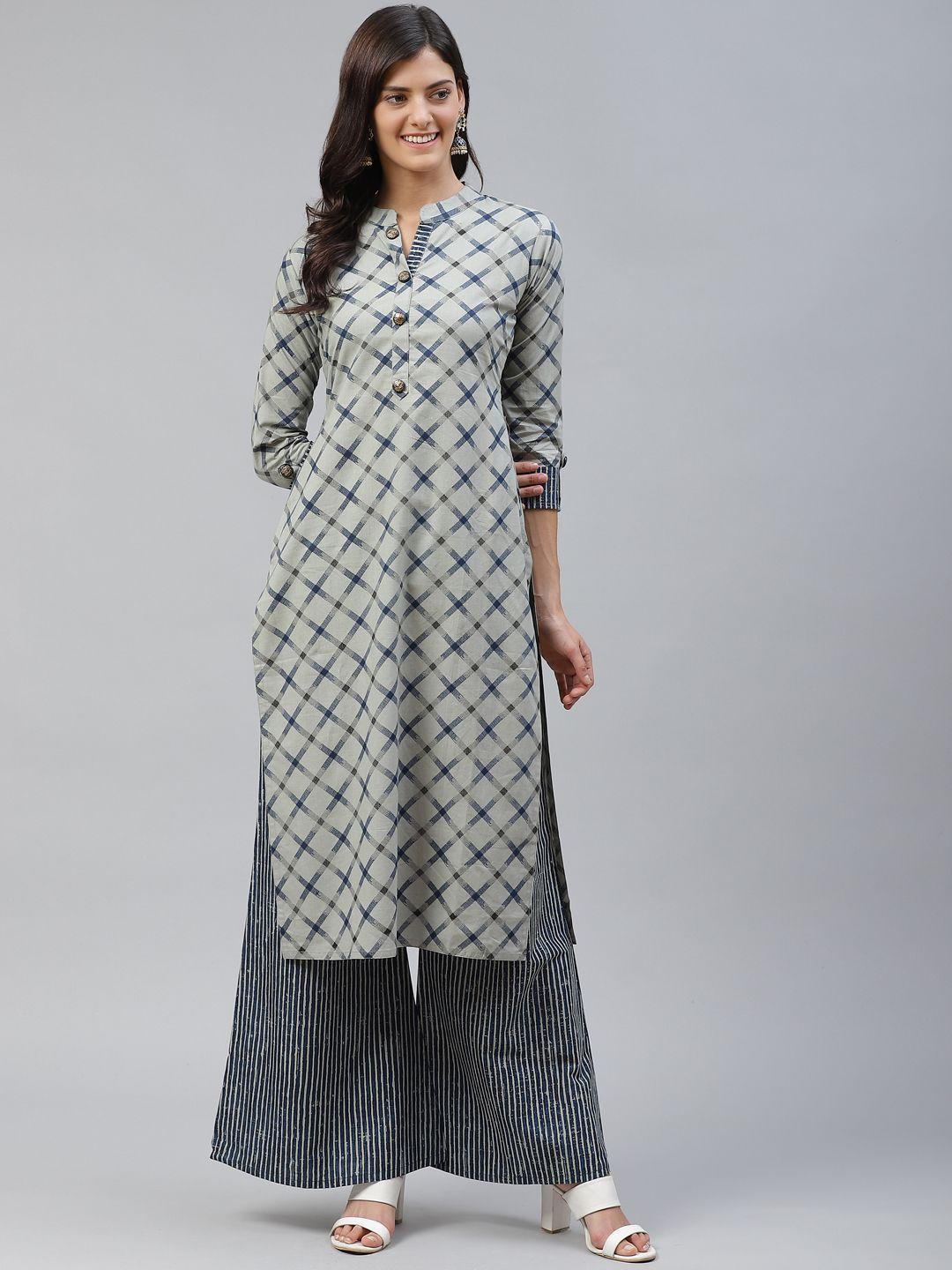 highlight fashion export women grey & navy blue printed kurta with palazzos