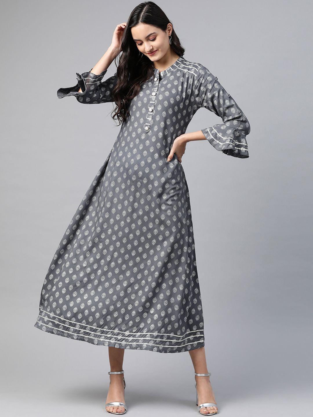 highlight fashion export women grey & silver printed a-line midi dress