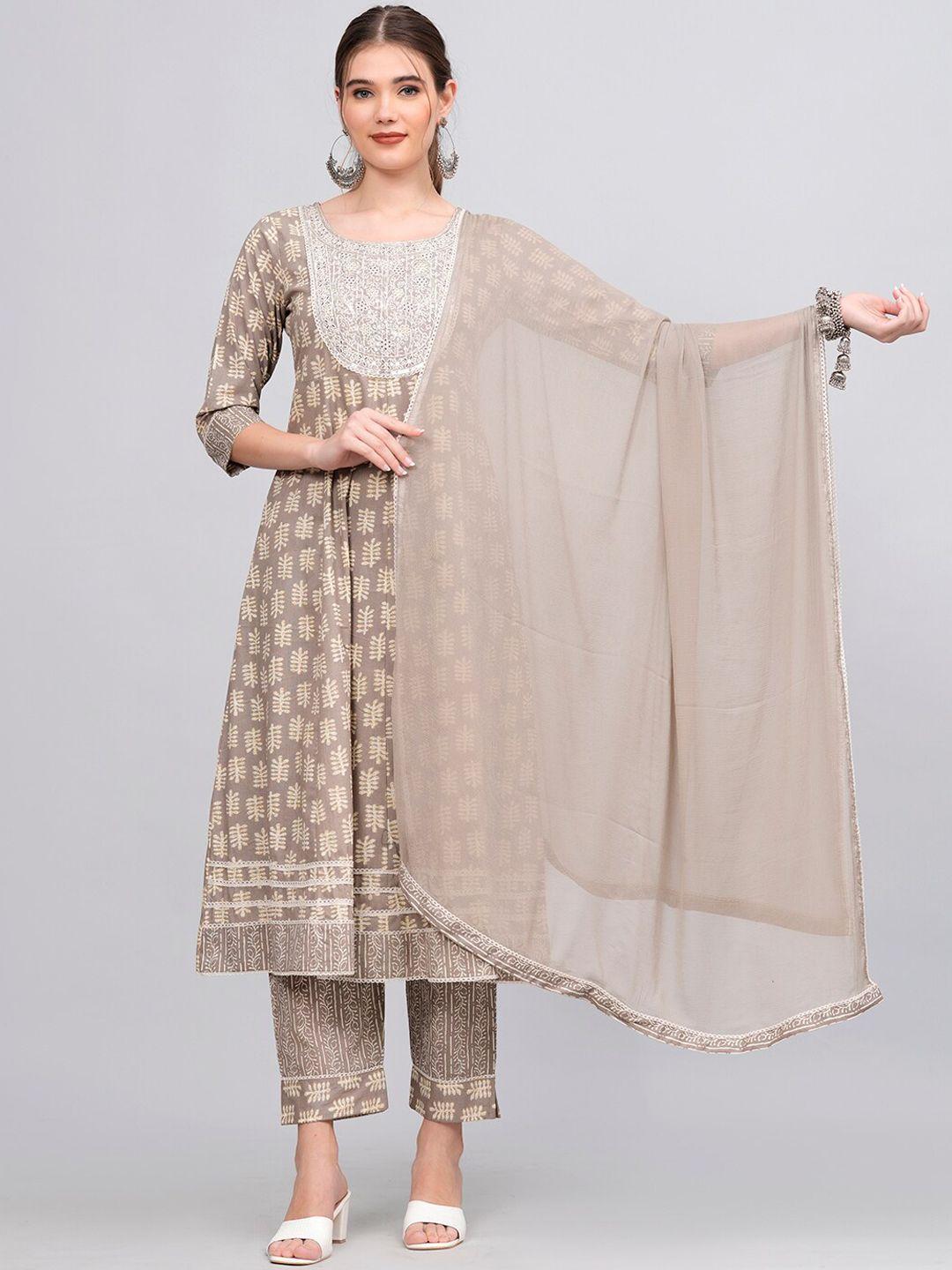 highlight fashion export women grey ethnic motifs printed regular pure cotton kurta with trousers & with