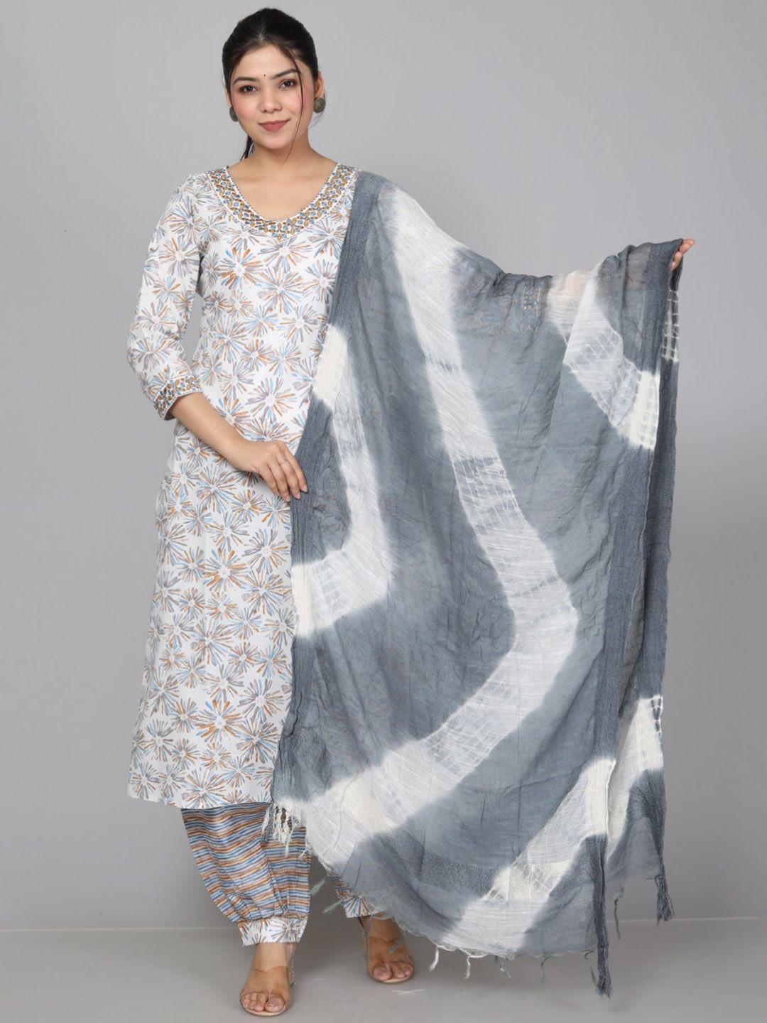 highlight fashion export women grey ethnic motifs printed regular thread work pure cotton kurta with salwar