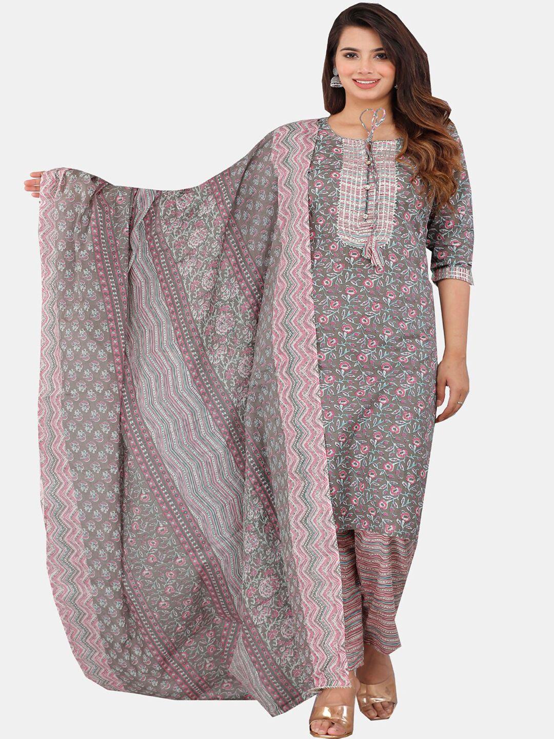 highlight fashion export women grey floral printed regular mirror work pure cotton kurta with trousers &