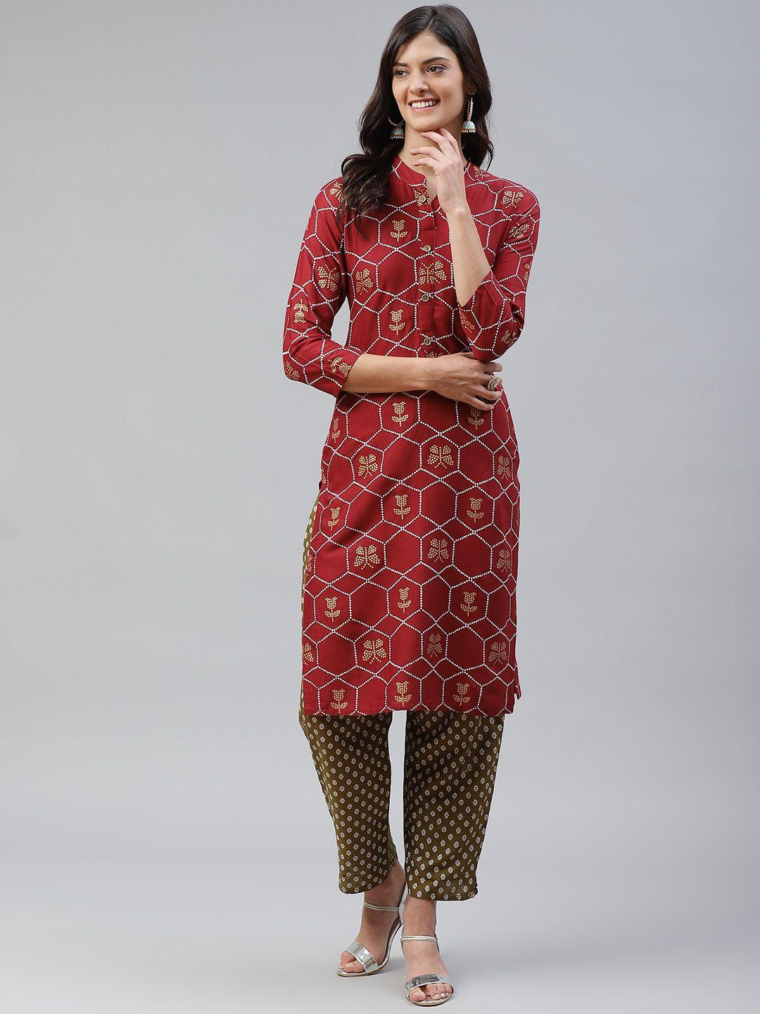 highlight fashion export women maroon & olive green bandhani print kurta with trousers