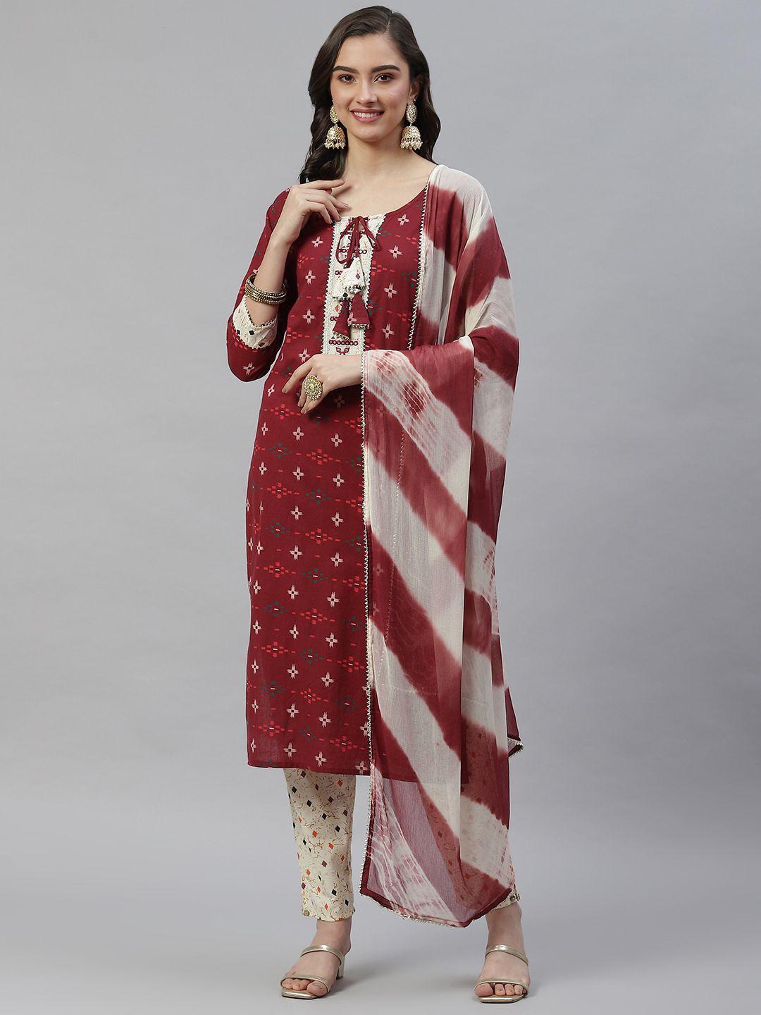 highlight fashion export women maroon ethnic motifs gotta patti pure cotton kurta set