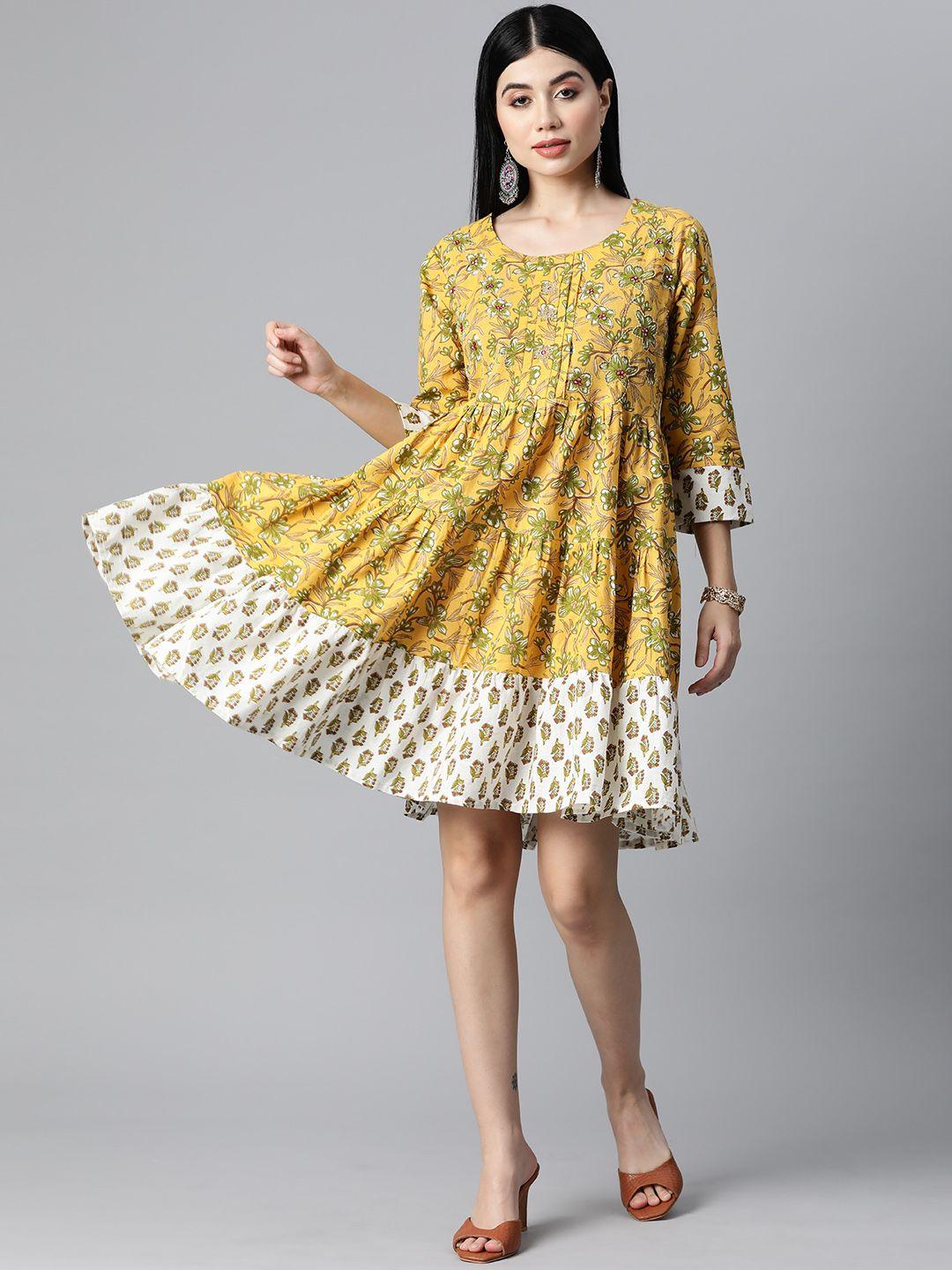 highlight fashion export women mustard & green floral print fit & flare dress