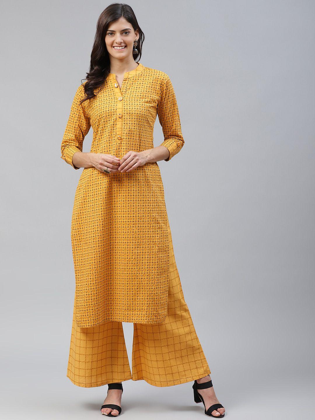 highlight fashion export women mustard yellow & black ethnic print kurta with palazzos