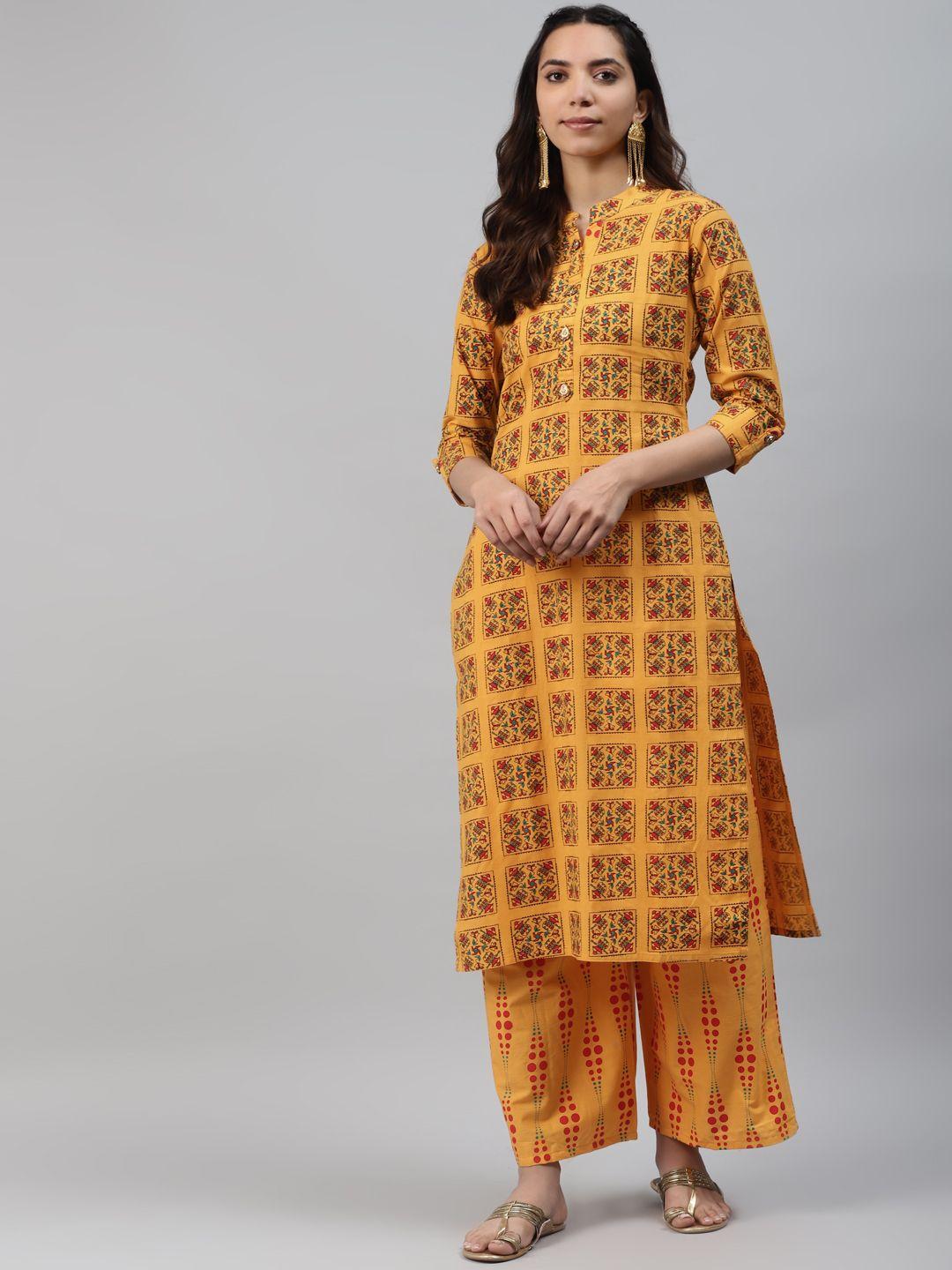 highlight fashion export women mustard yellow & red printed kurta with palazzos