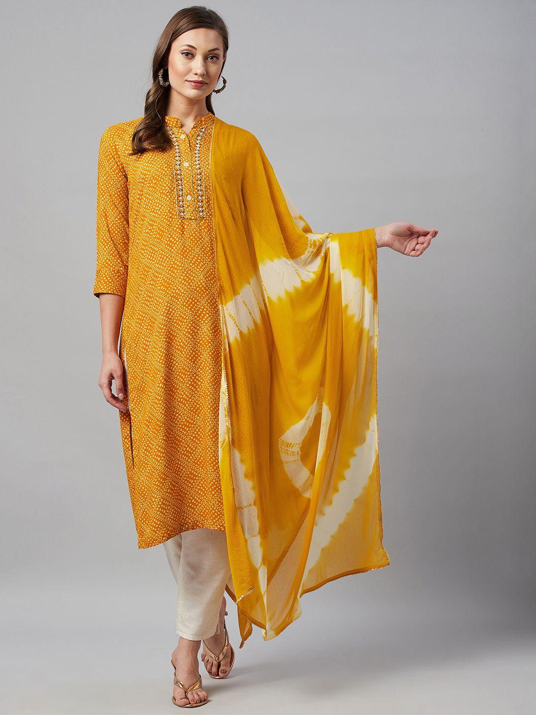 highlight fashion export women mustard yellow bandhani kurta with trousers & dupatta