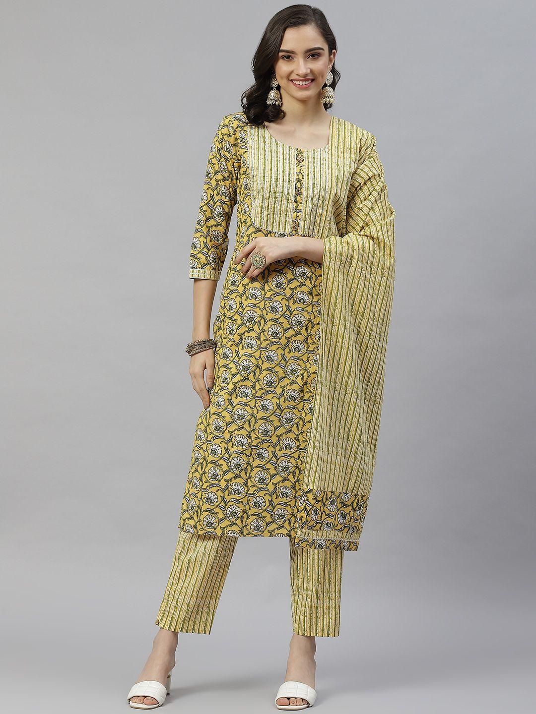 highlight fashion export women mustard yellow floral gotta patti pure cotton kurta set