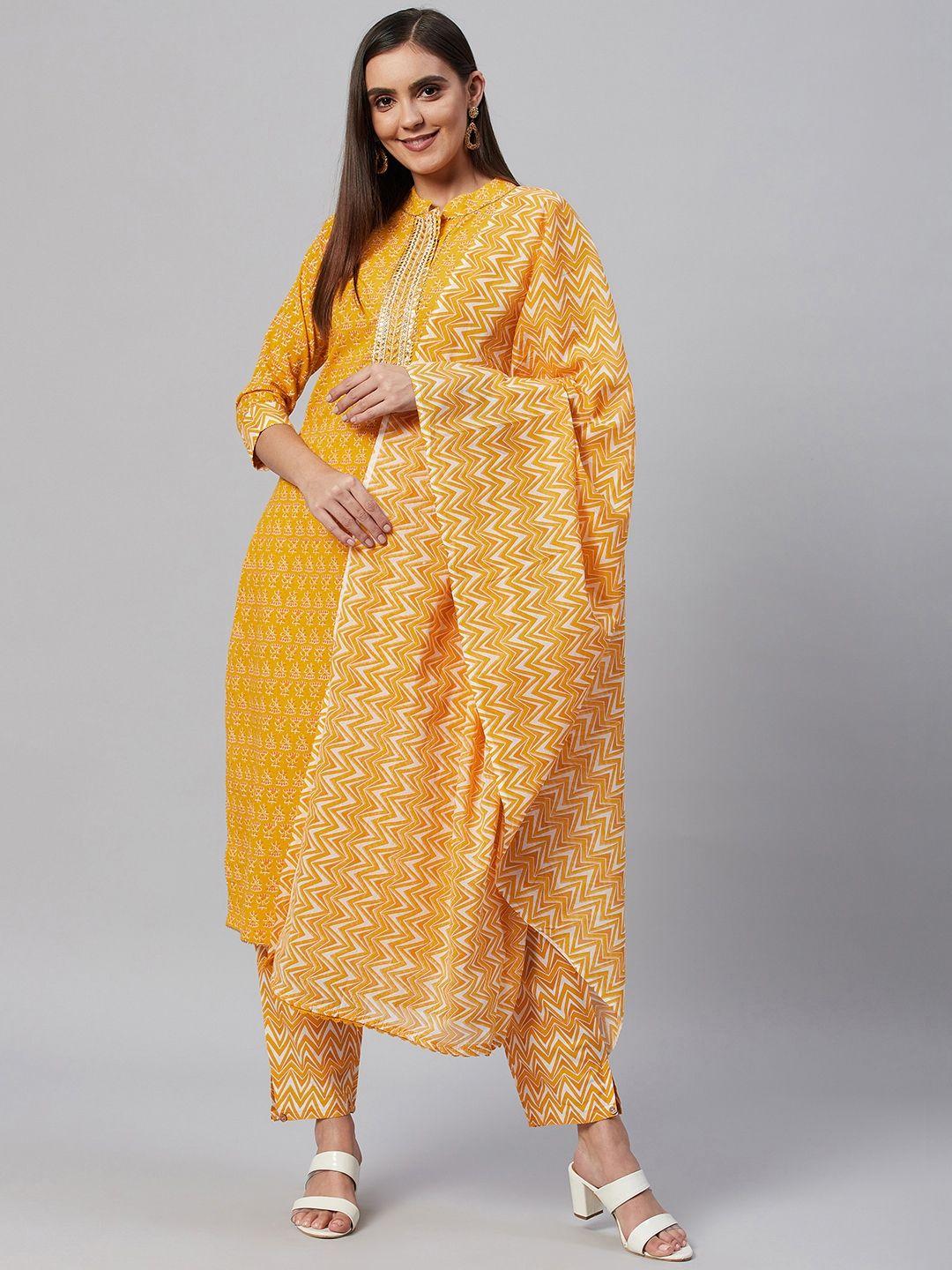 highlight fashion export women mustard yellow printed cotton kurta with trousers & dupatta