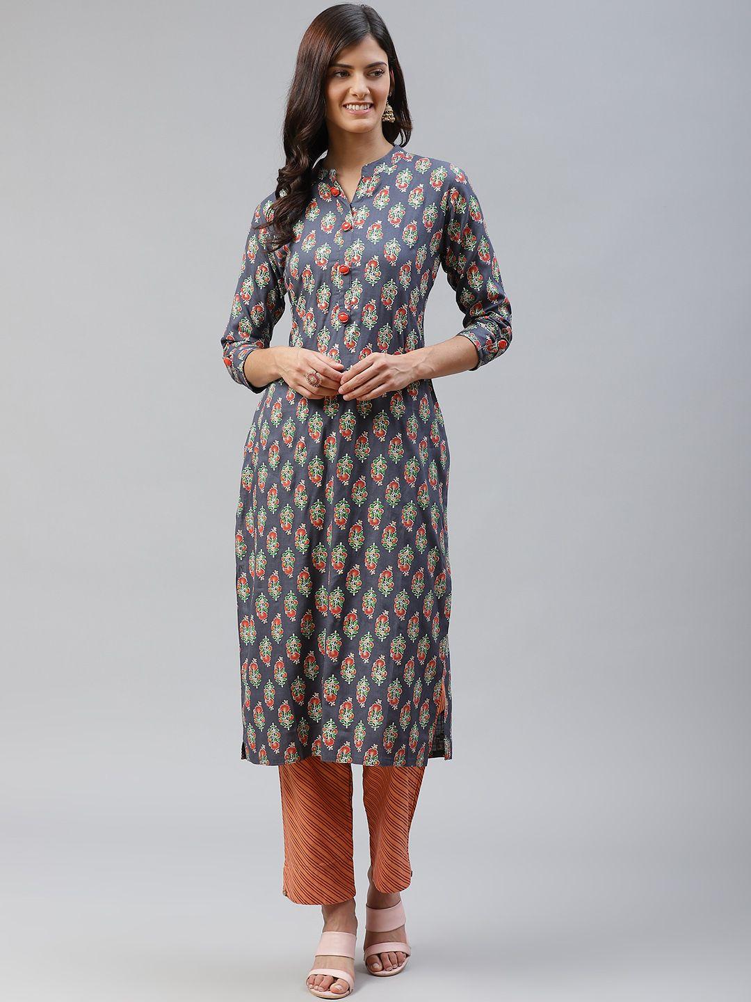 highlight fashion export women navy blue & peach-coloured printed kurta with trousers