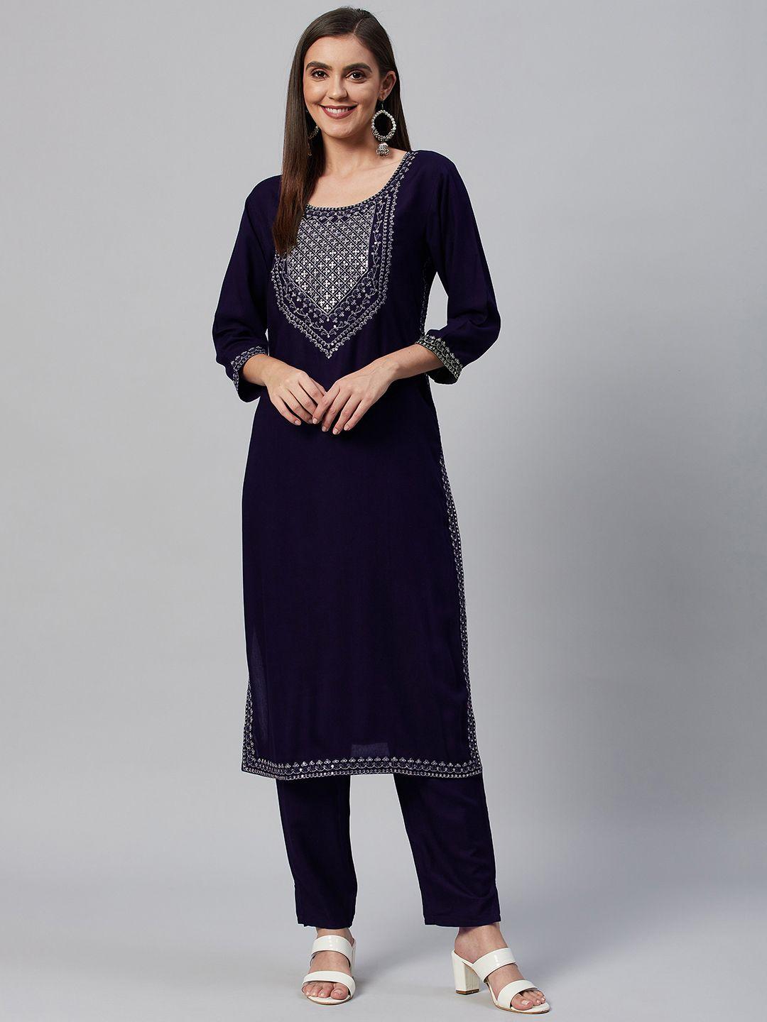 highlight fashion export women navy blue yoke design sequinned kurta with trousers