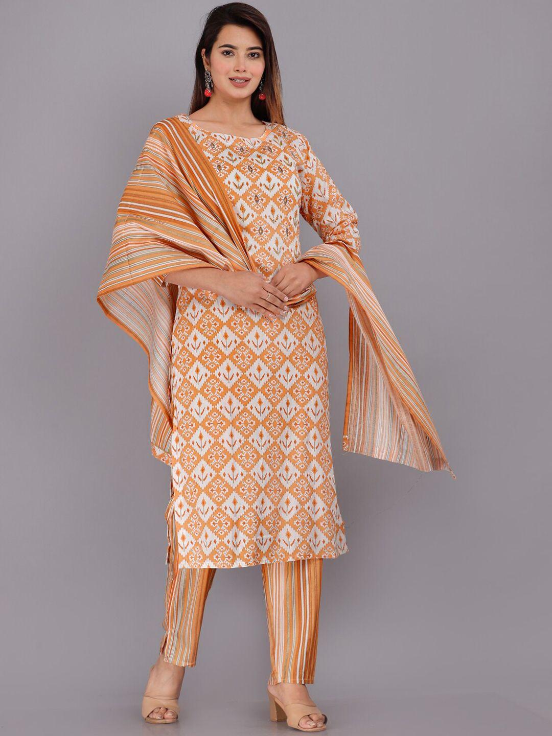 highlight fashion export women orange printed beads and stones kurta with trousers & with dupatta