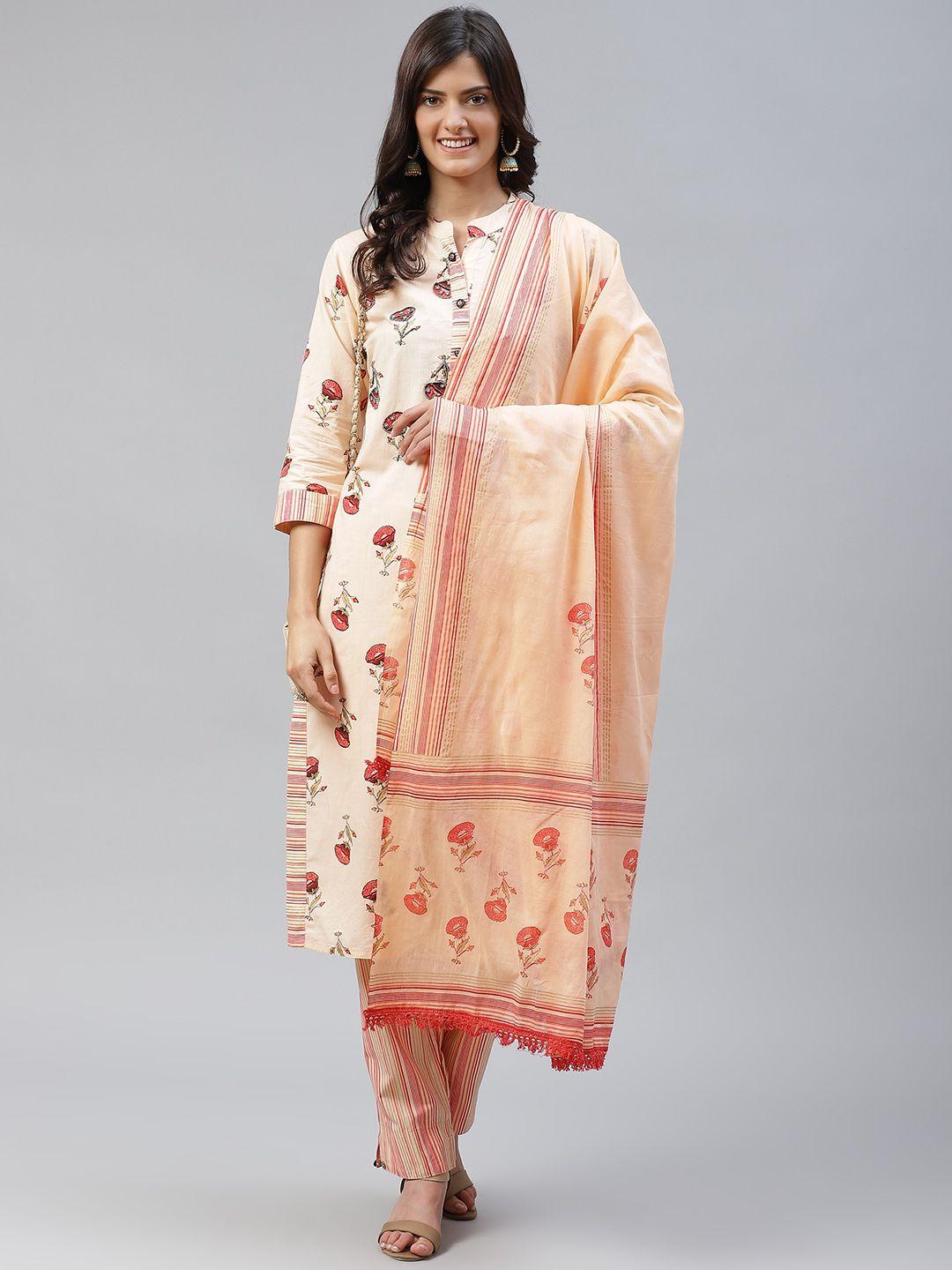 highlight fashion export women peach-coloured & red printed kurta with trousers & dupatta