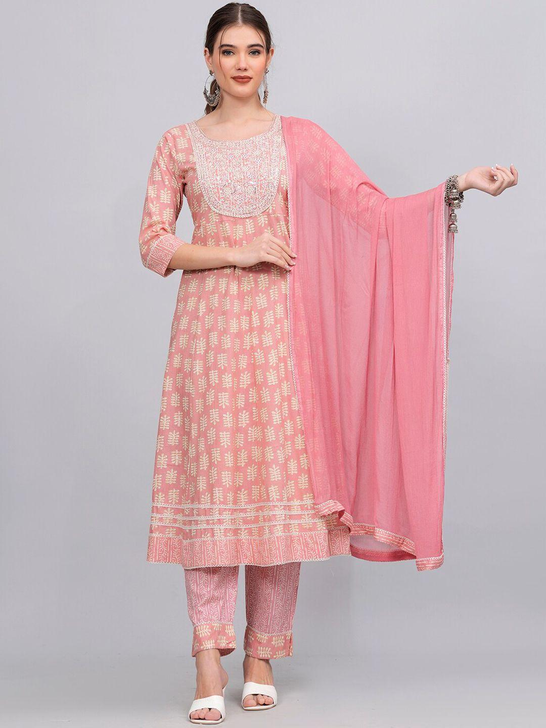 highlight fashion export women peach-coloured ethnic motifs printed regular pure cotton kurta with trousers