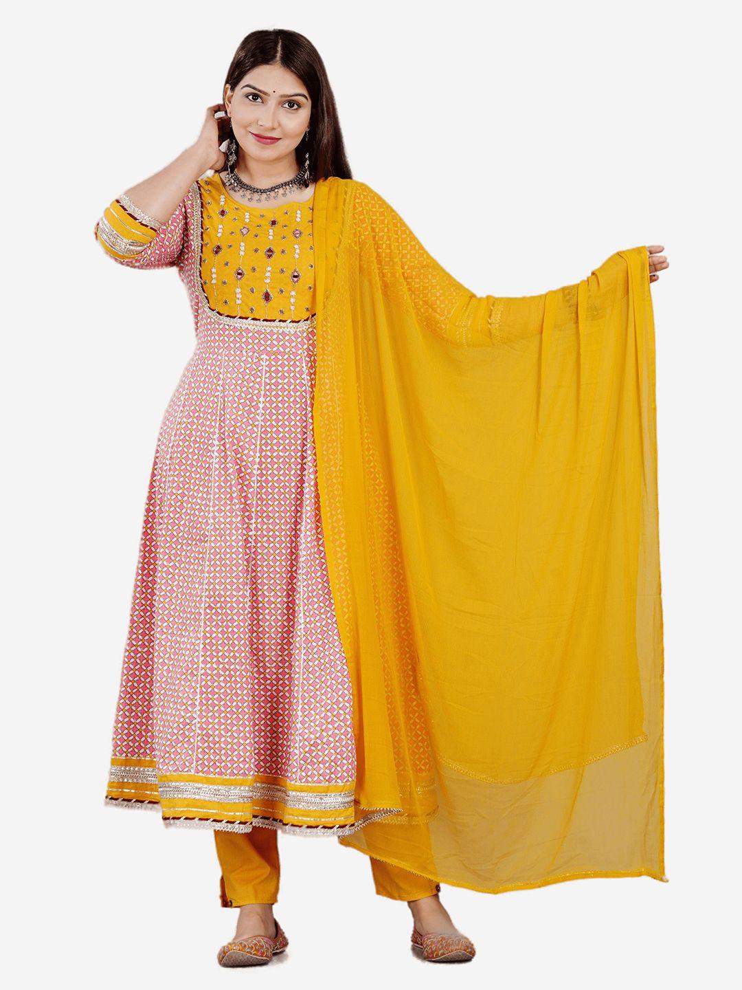 highlight fashion export women peach-coloured floral printed pure cotton kurta with trousers & with dupatta