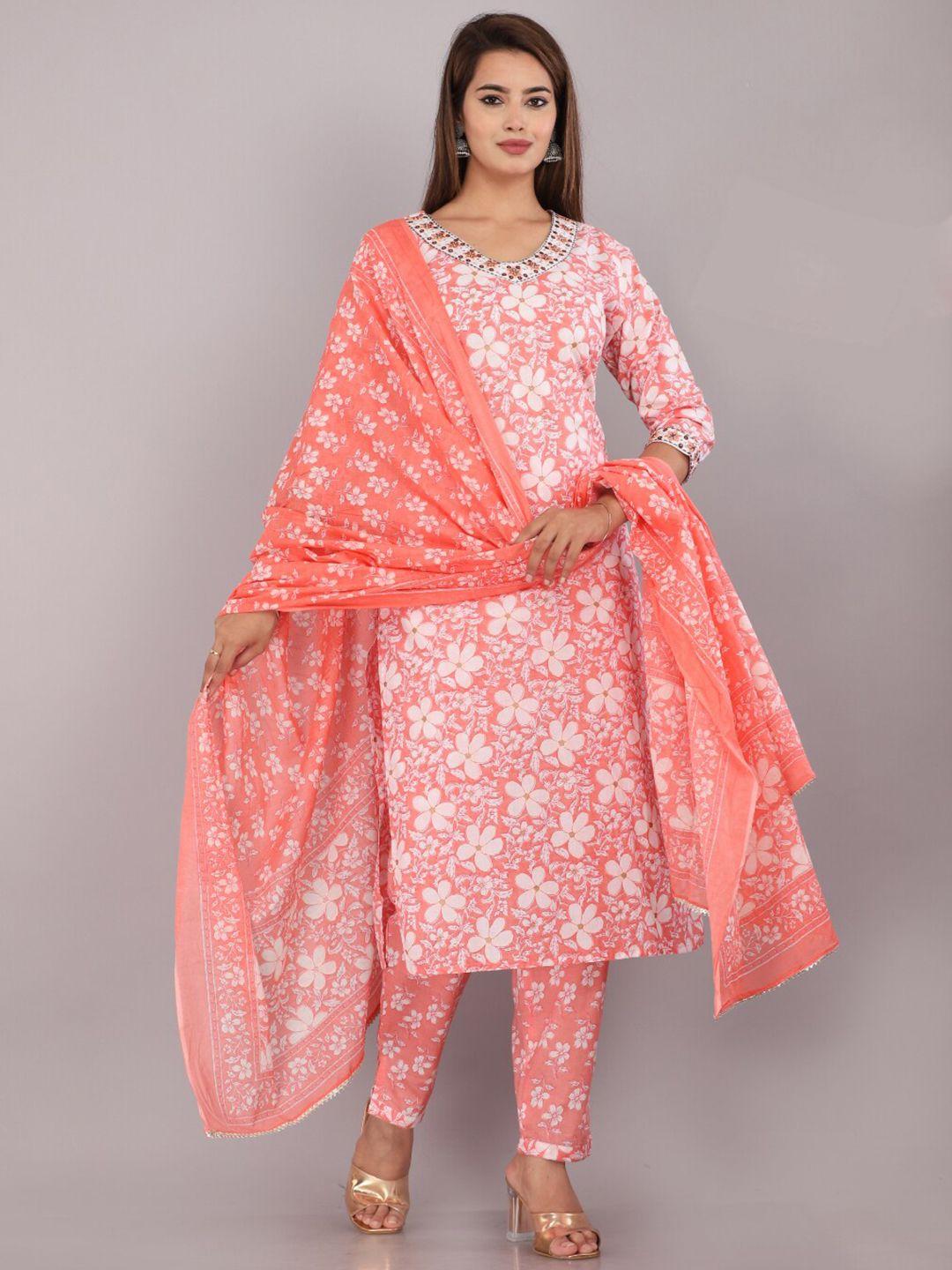 highlight fashion export women peach-coloured floral printed regular pure cotton kurta with trousers & with