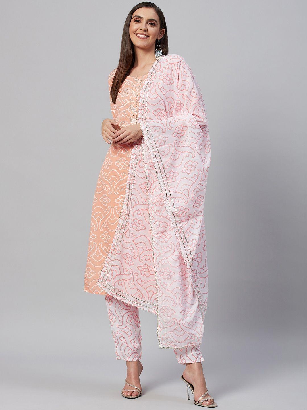 highlight fashion export women peach-coloured printed cotton kurta with trousers & dupatta