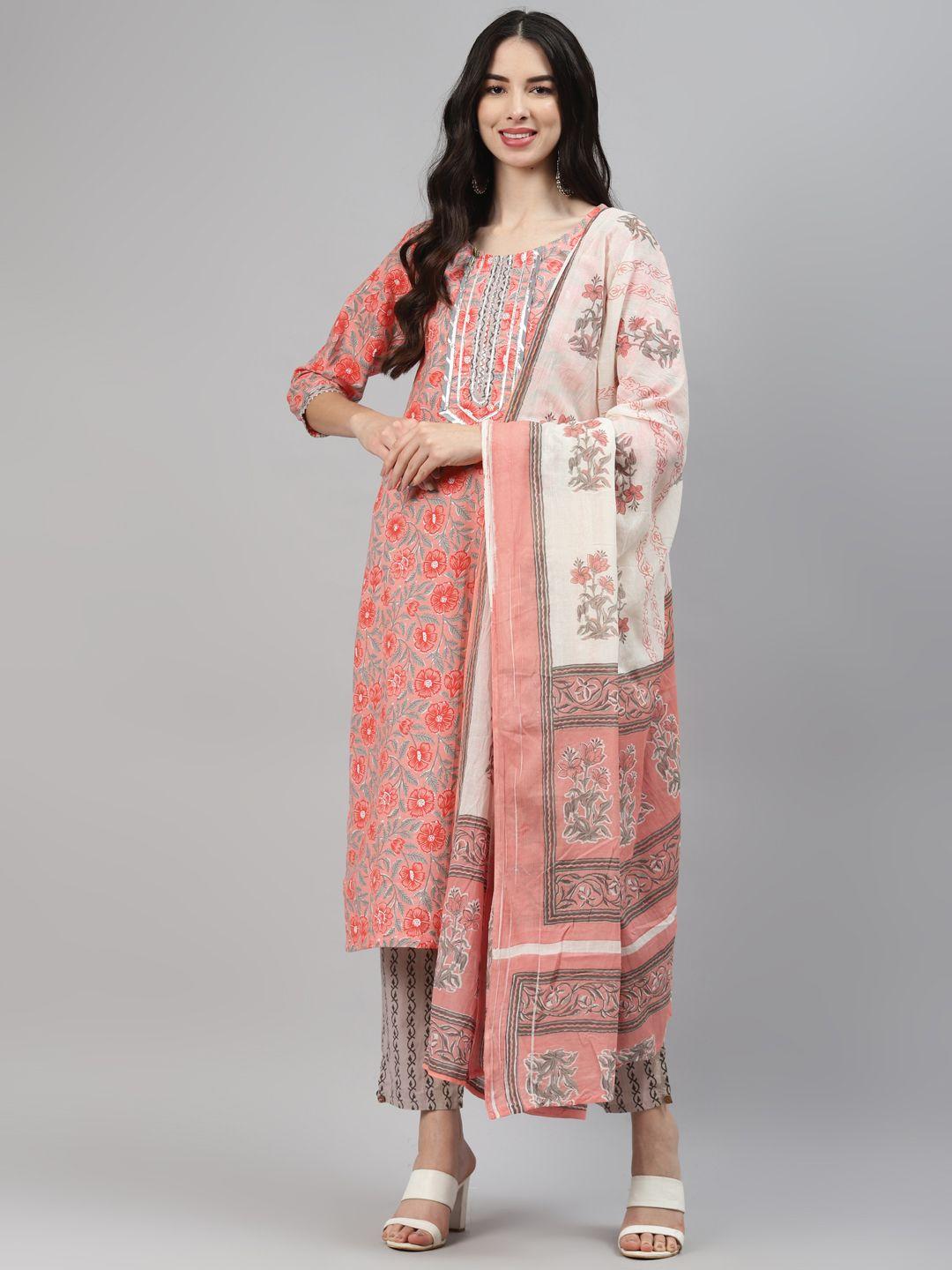 highlight fashion export women peach-coloured printed kurta with trouser