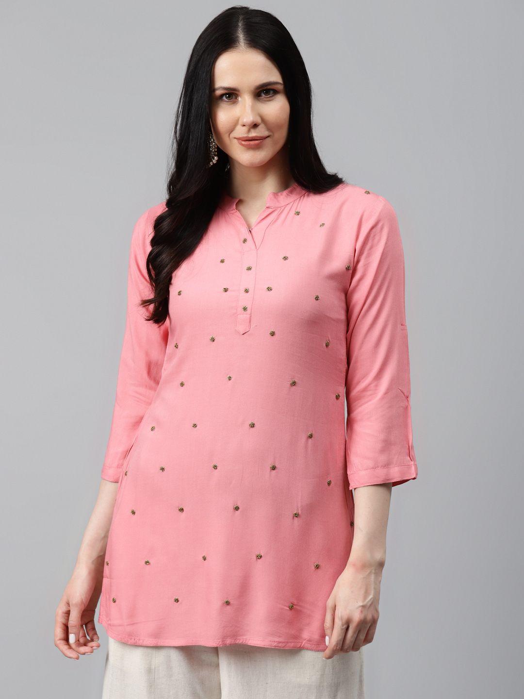 highlight fashion export women pink embellished handwork straight kurti