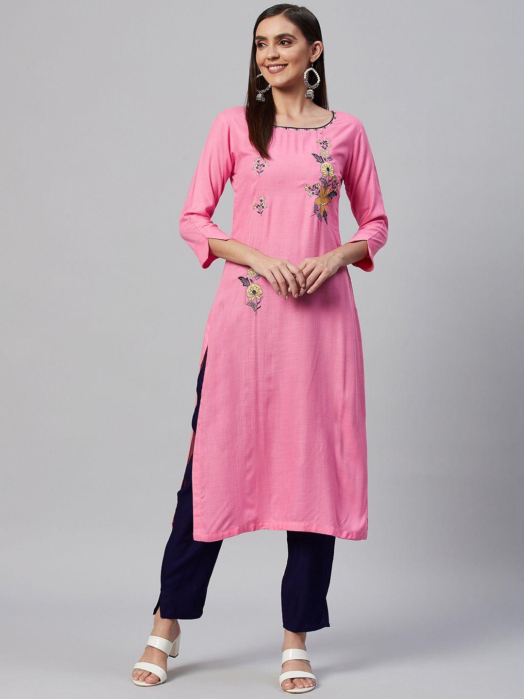 highlight fashion export women pink embroidered kurta with trousers