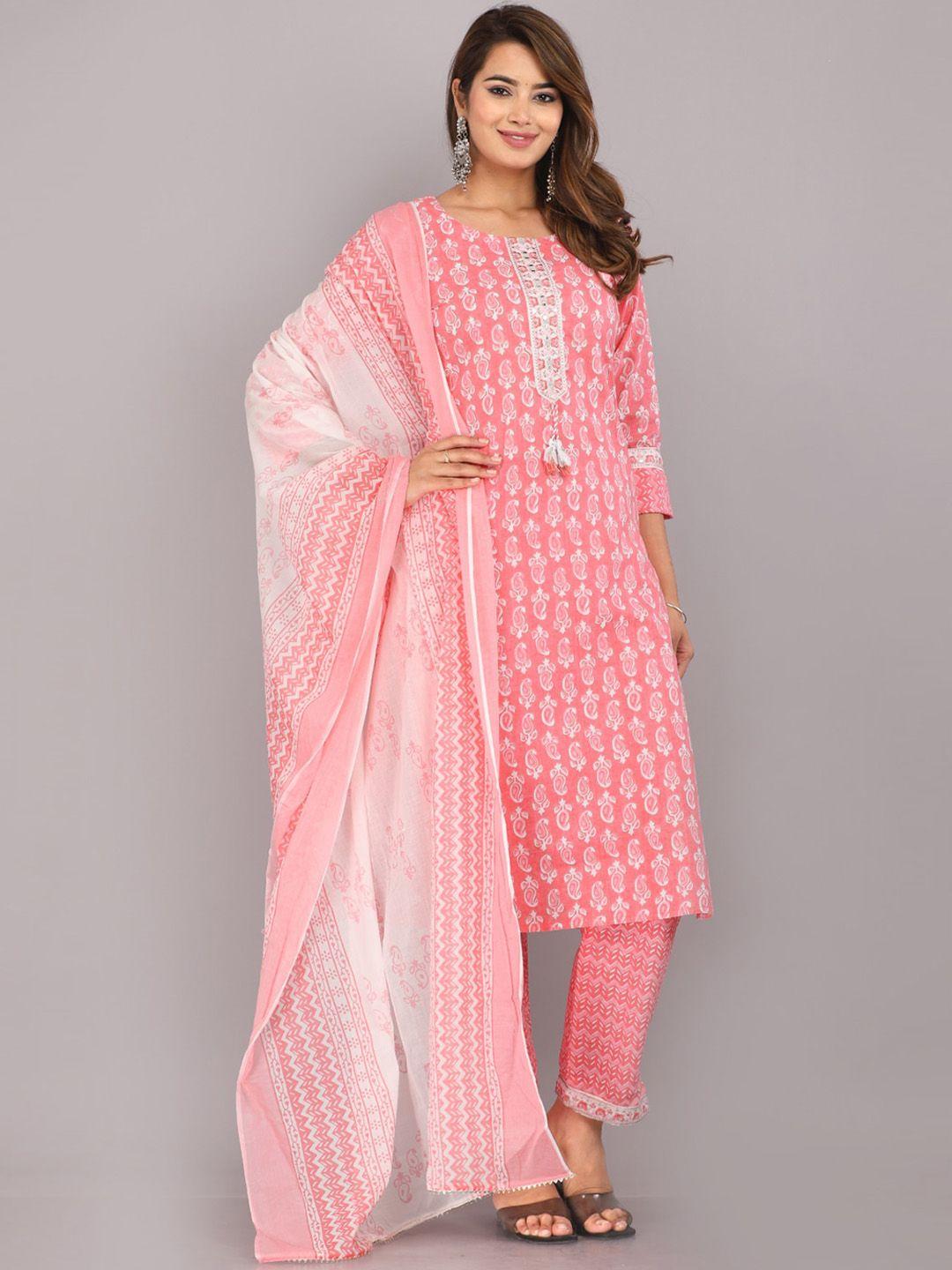 highlight fashion export women pink ethnic motifs printed regular thread work pure cotton kurta with