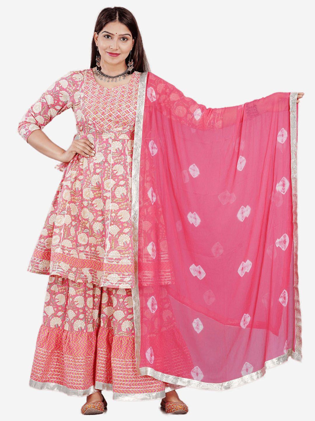 highlight fashion export women pink printed pure cotton kurta with sharara & dupatta